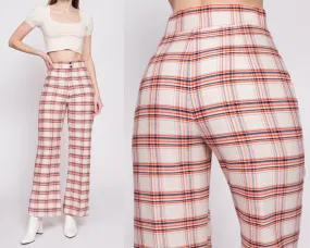 70s Orange & White Plaid High Waisted Pants - Small, 26.5"