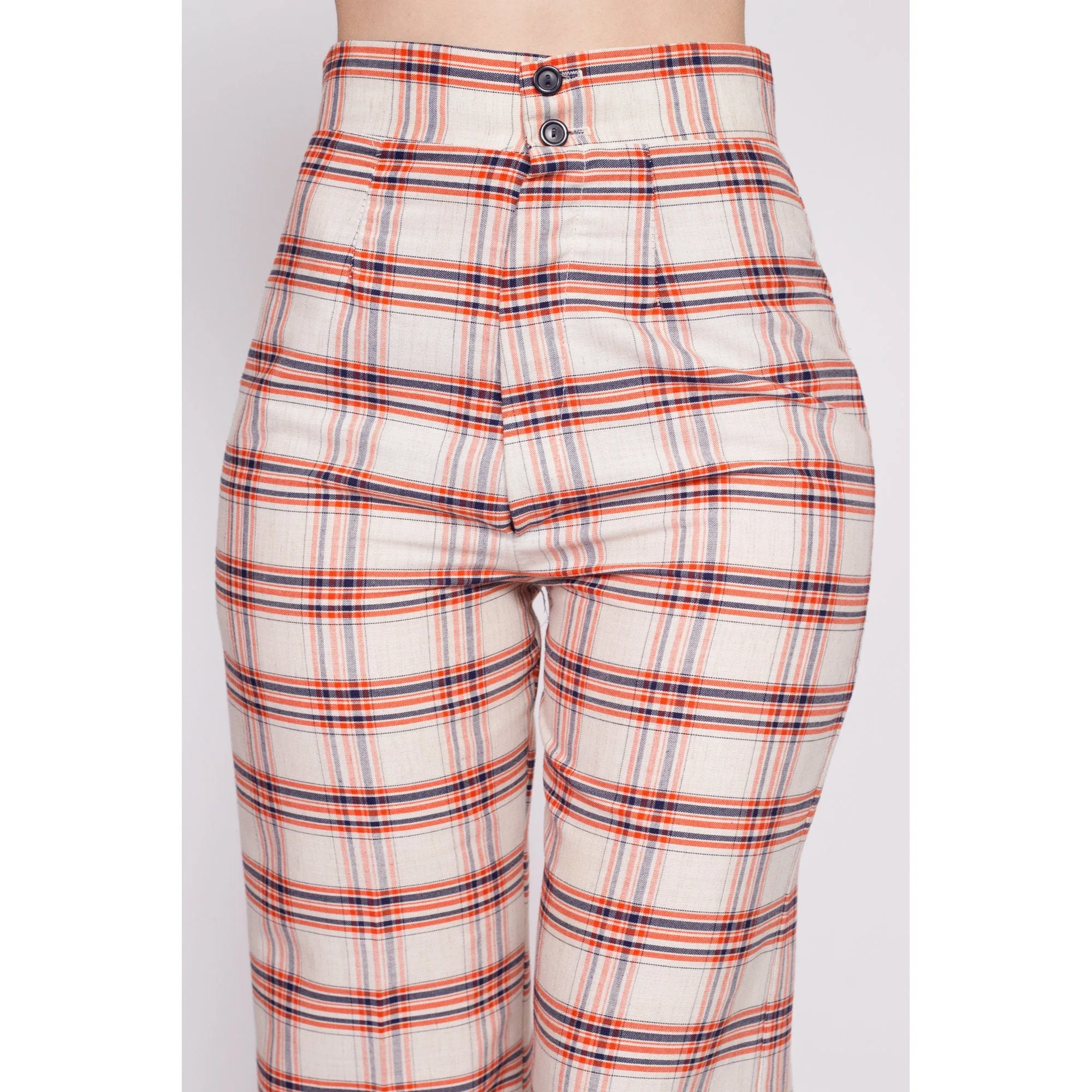 70s Orange & White Plaid High Waisted Pants - Small, 26.5"