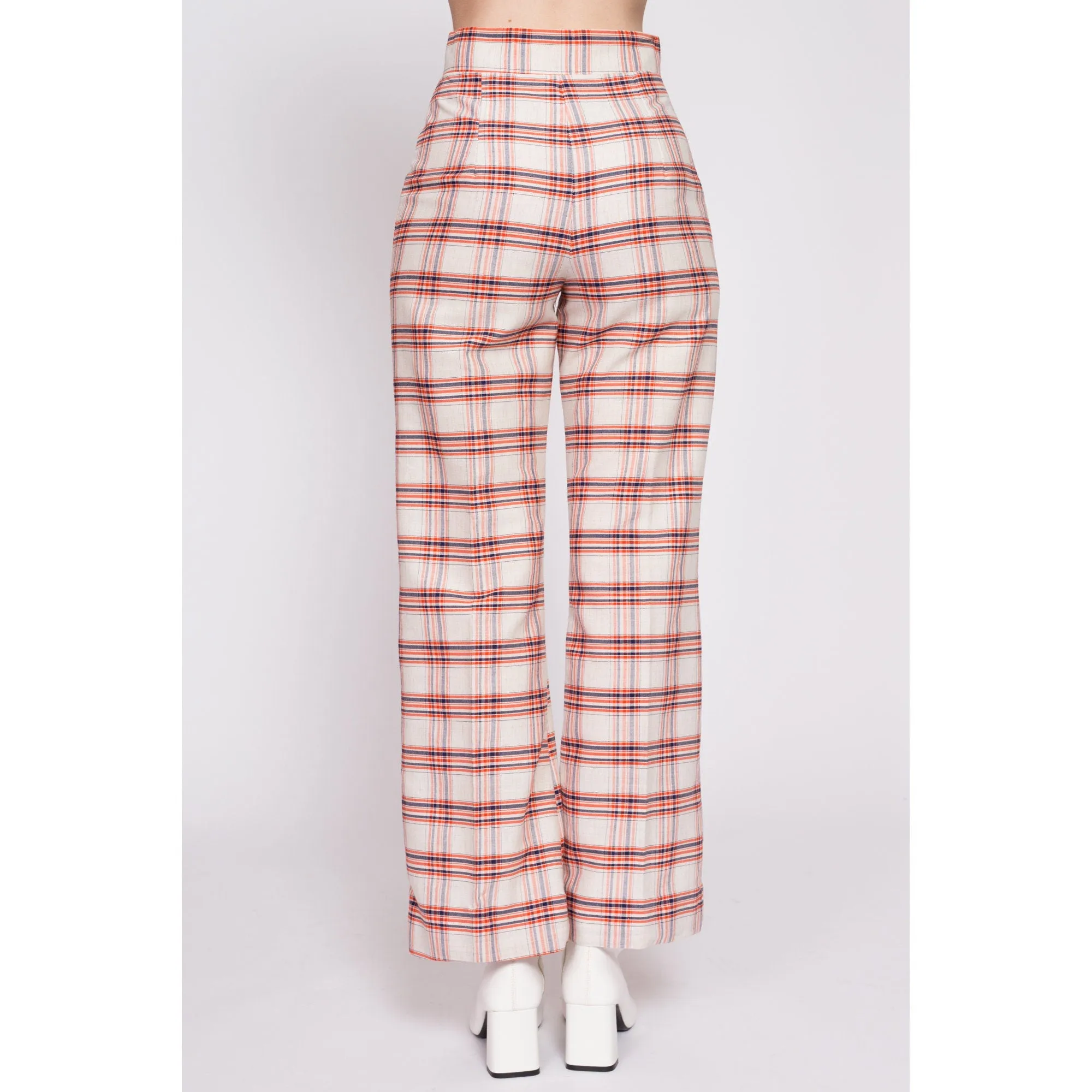 70s Orange & White Plaid High Waisted Pants - Small, 26.5"