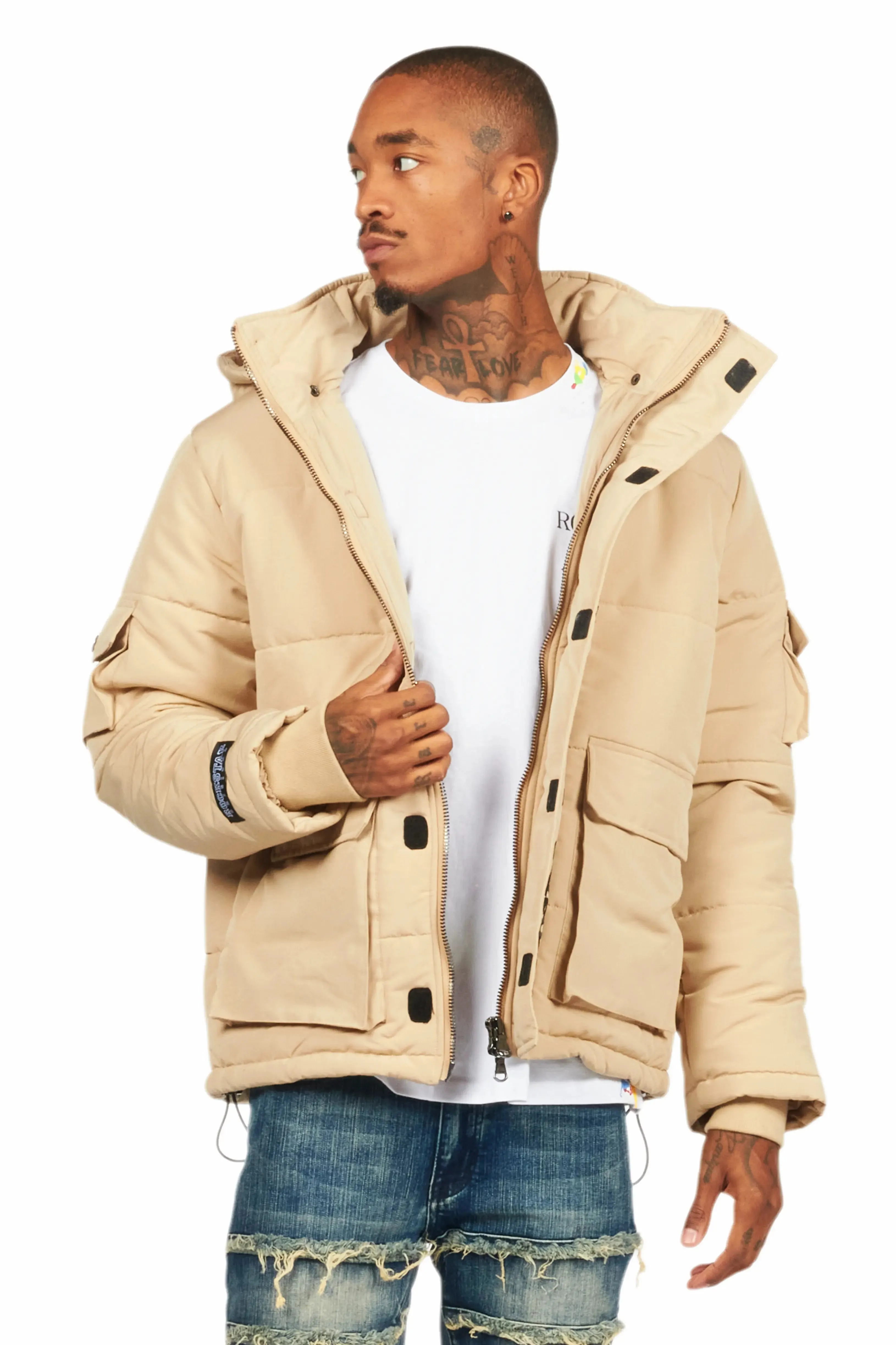 Adley Beige Utility Puffer Jacket