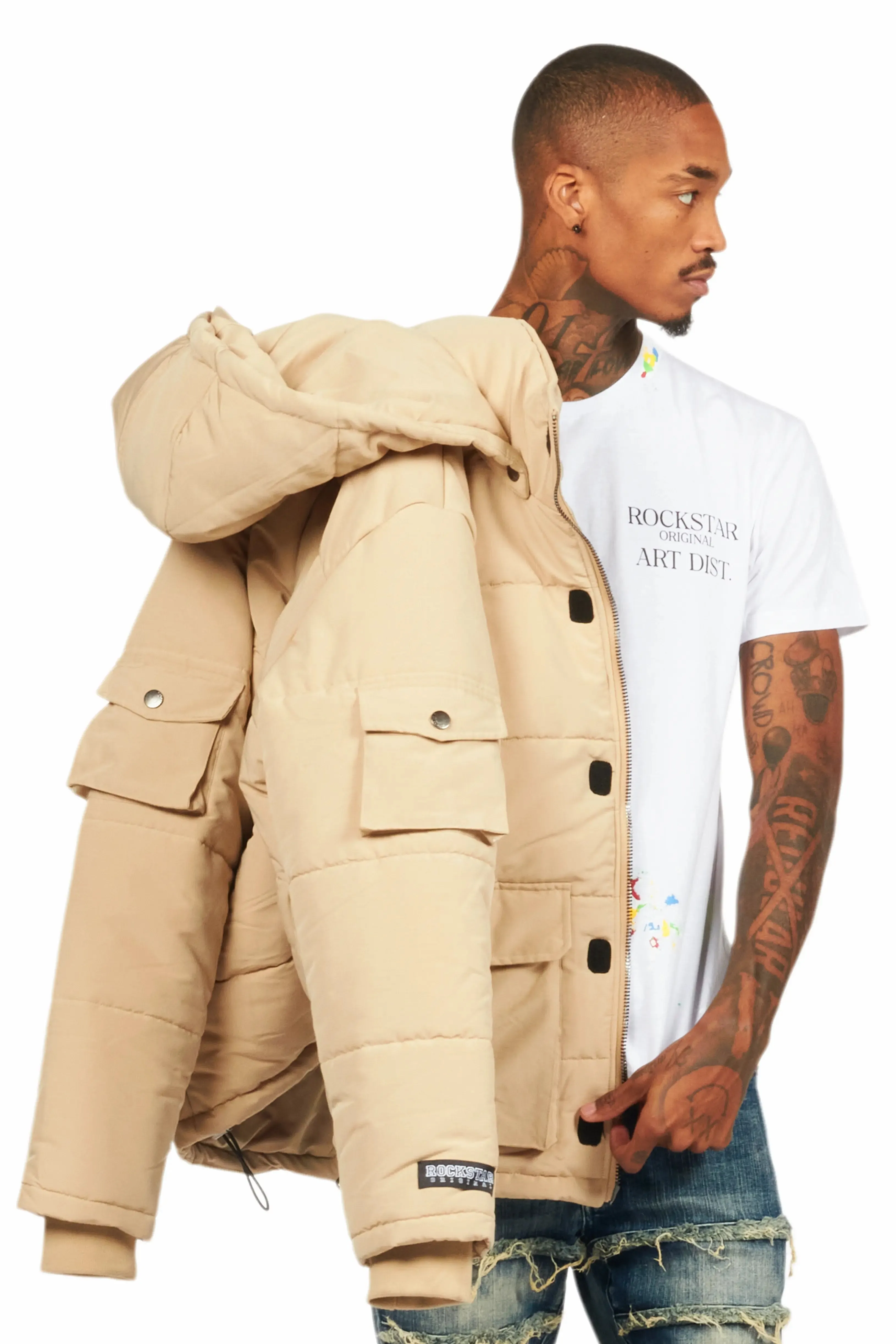 Adley Beige Utility Puffer Jacket