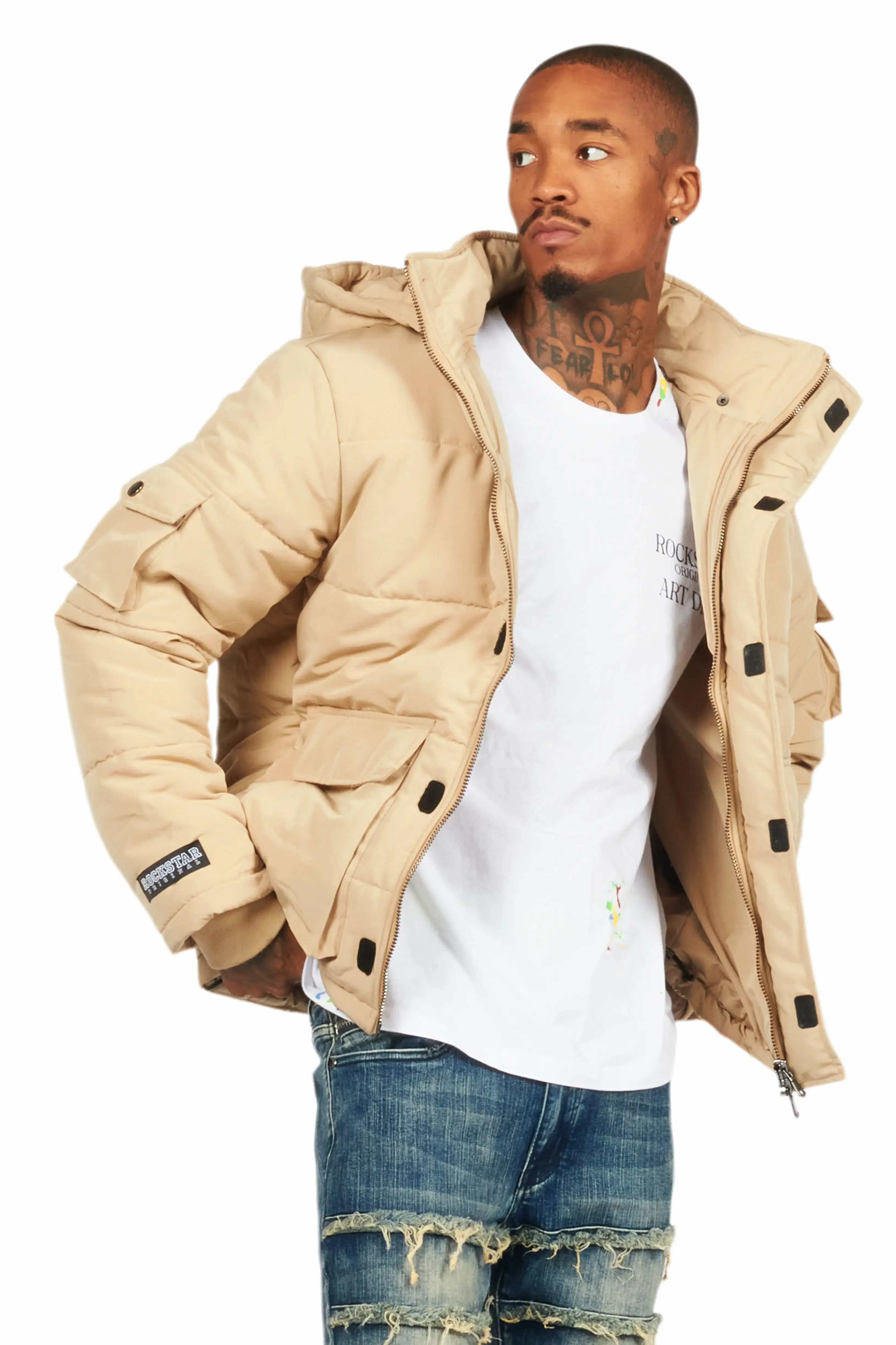 Adley Beige Utility Puffer Jacket