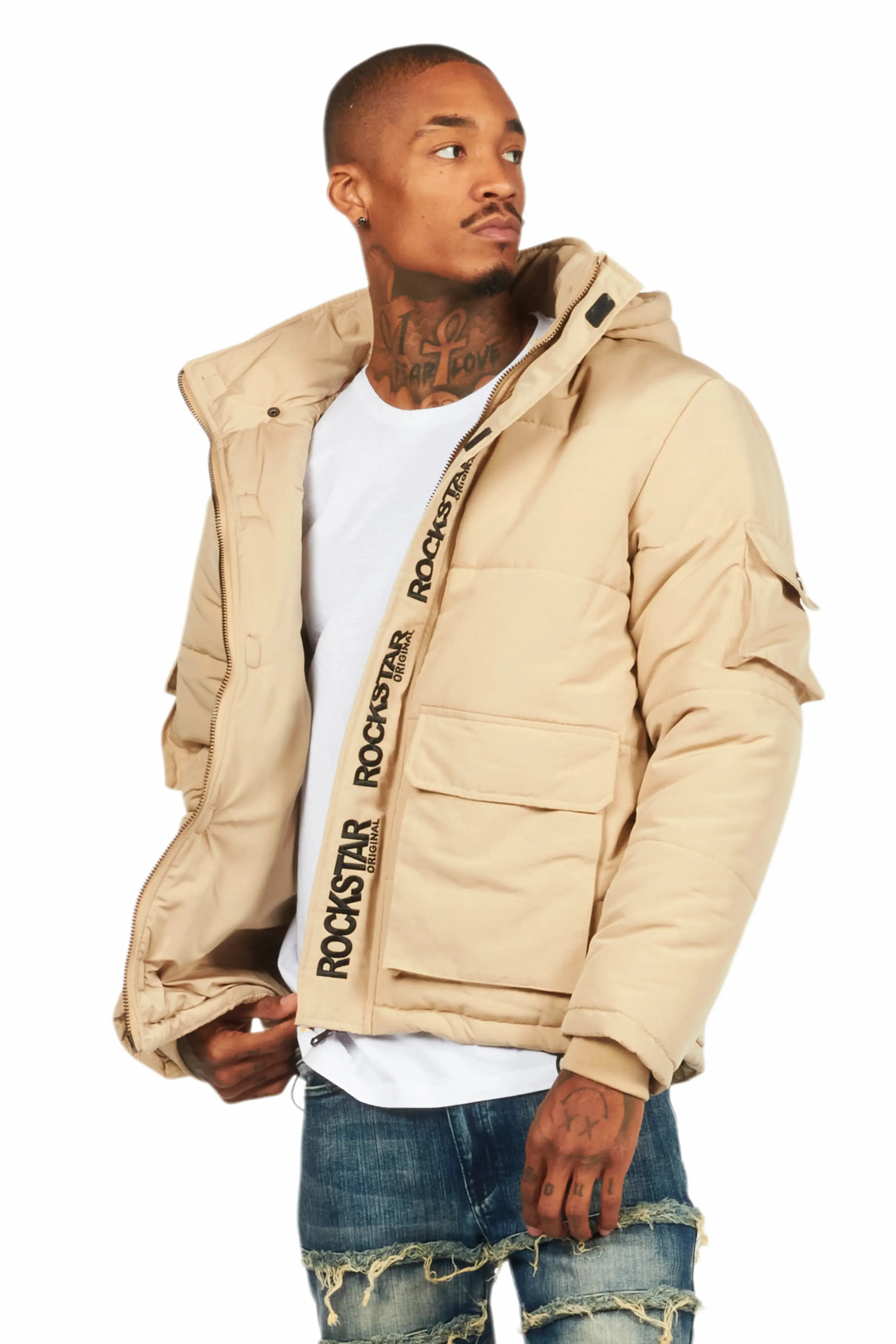 Adley Beige Utility Puffer Jacket