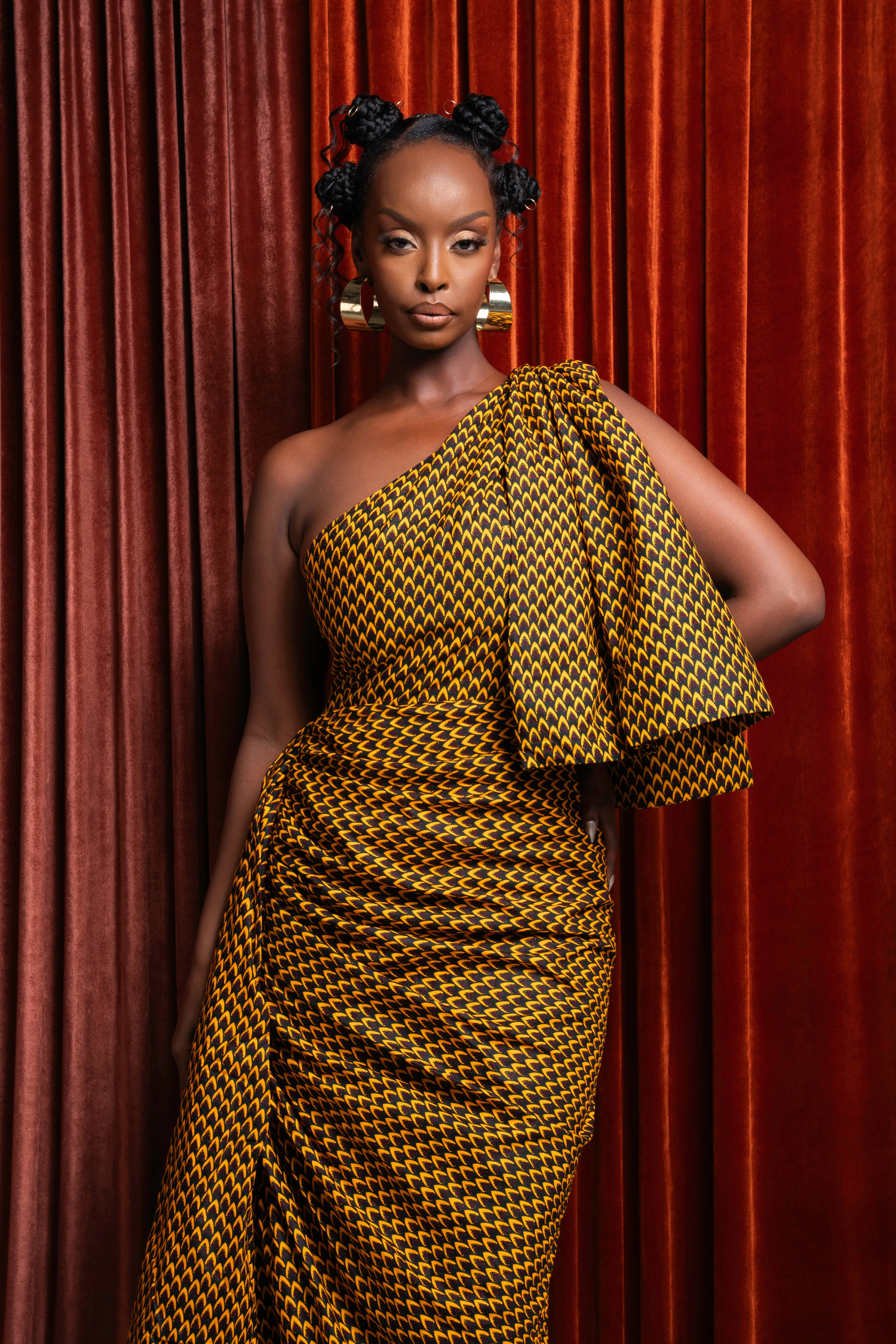 AGBANI African Print One Sleeve Drape Maxi Dress