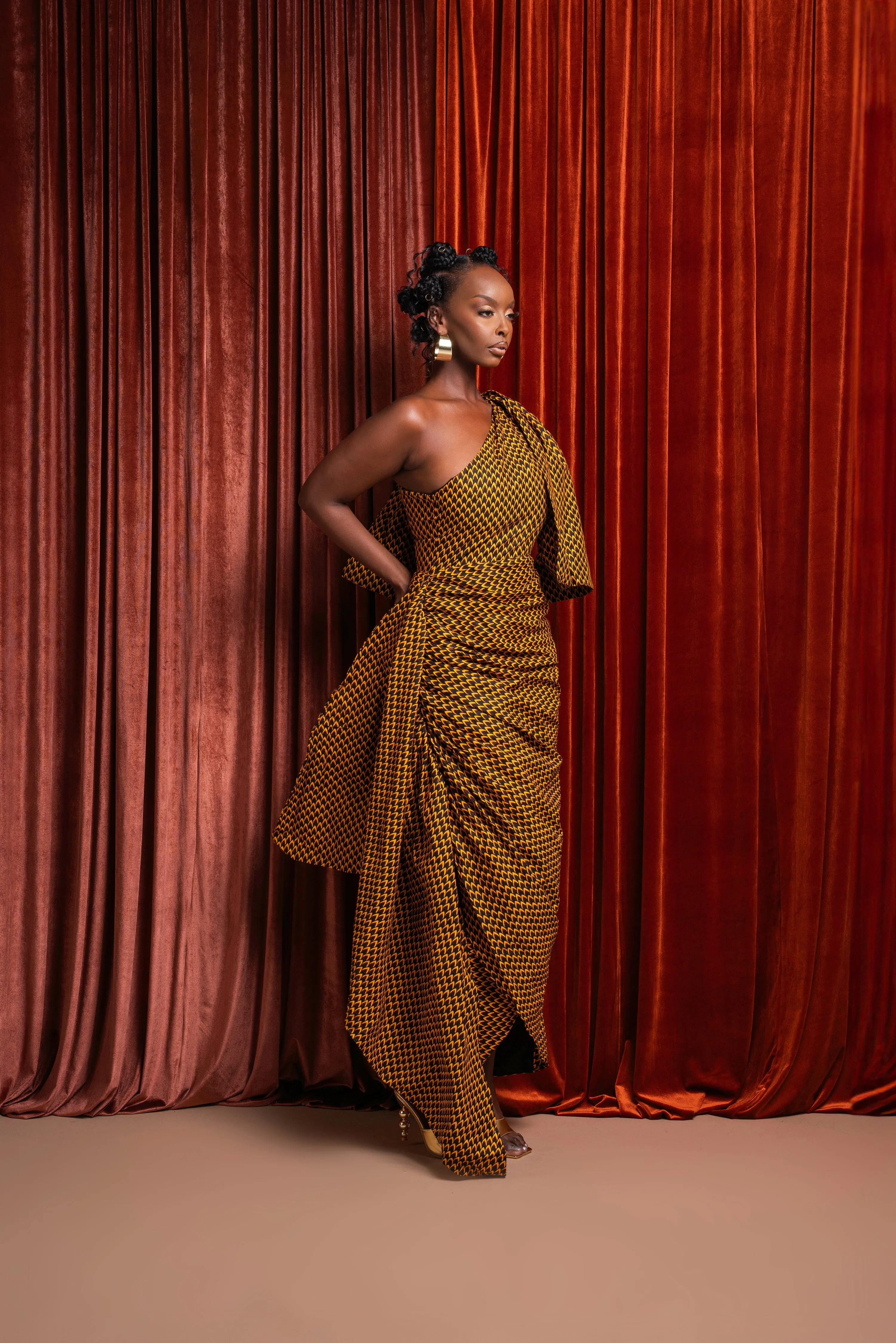 AGBANI African Print One Sleeve Drape Maxi Dress