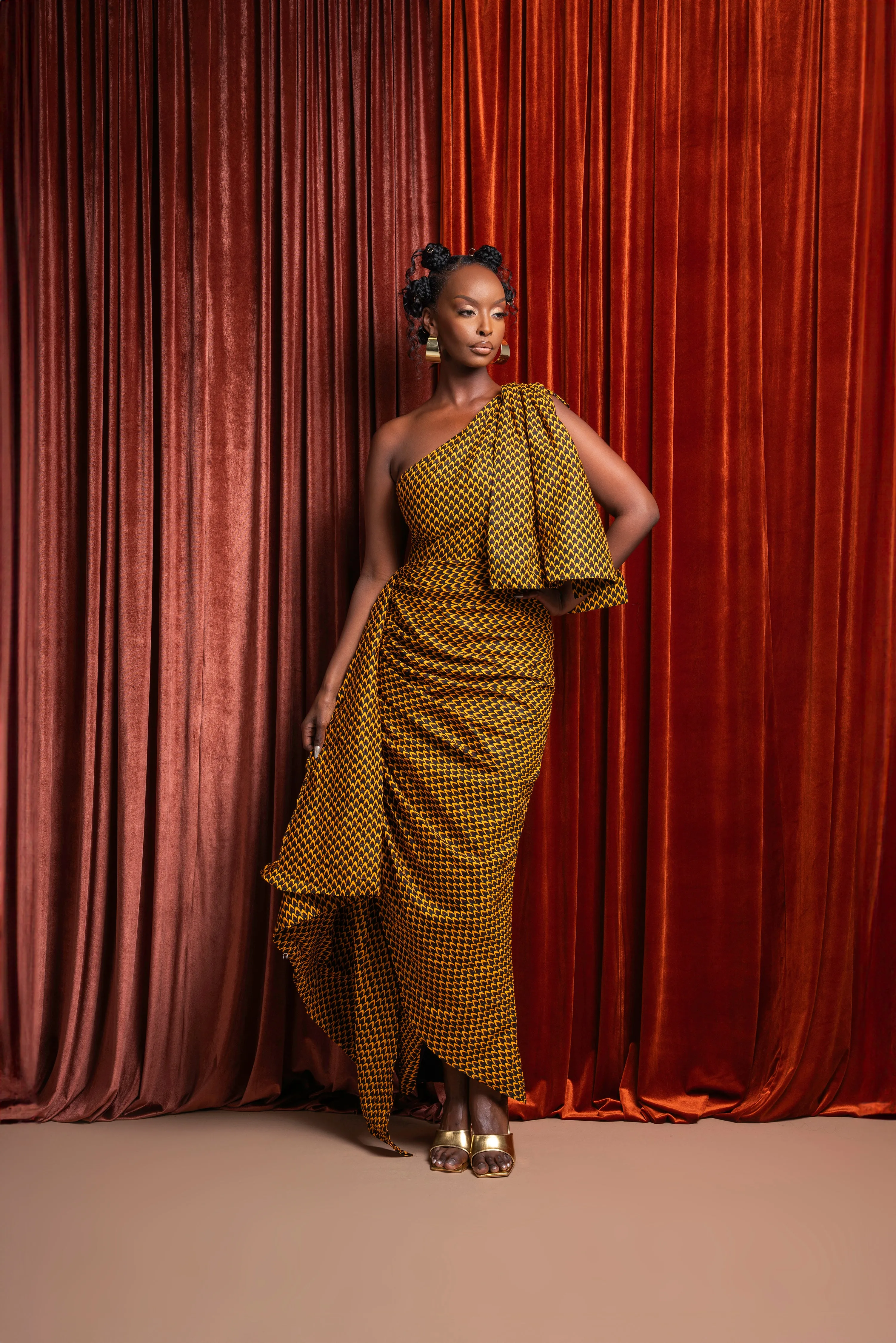 AGBANI African Print One Sleeve Drape Maxi Dress