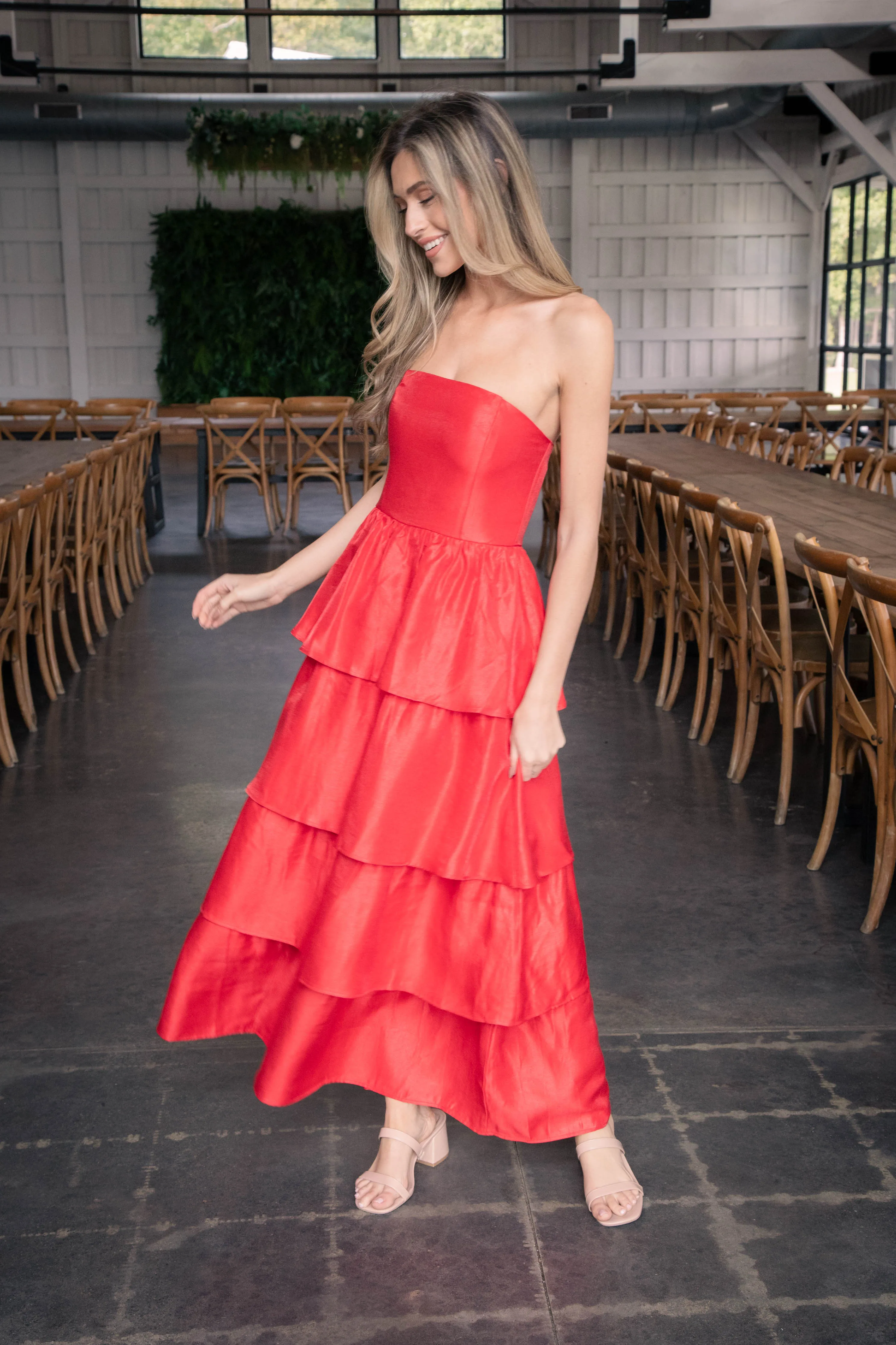 Baylie Strapless Tiered Maxi Dress, Red