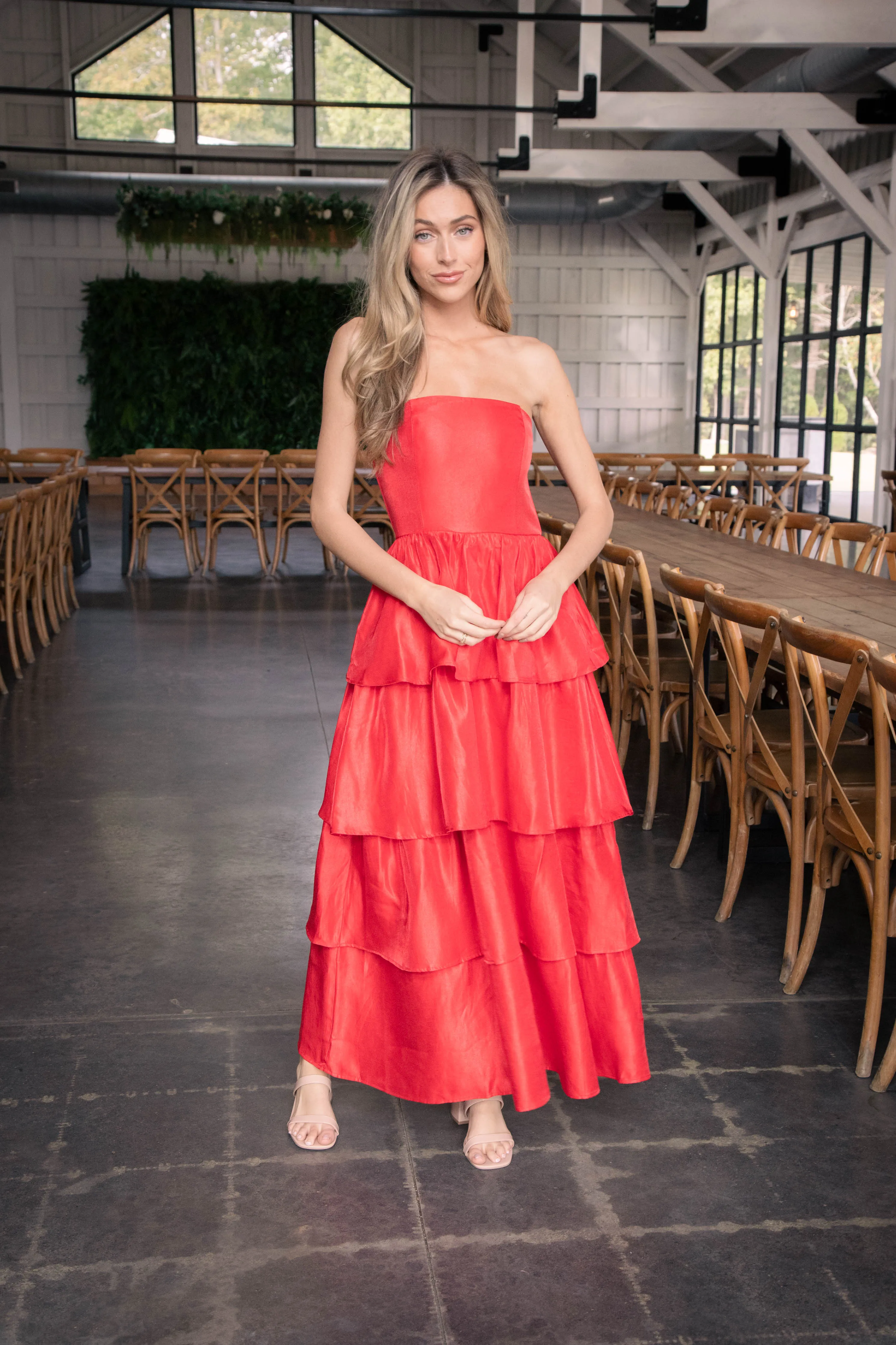 Baylie Strapless Tiered Maxi Dress, Red