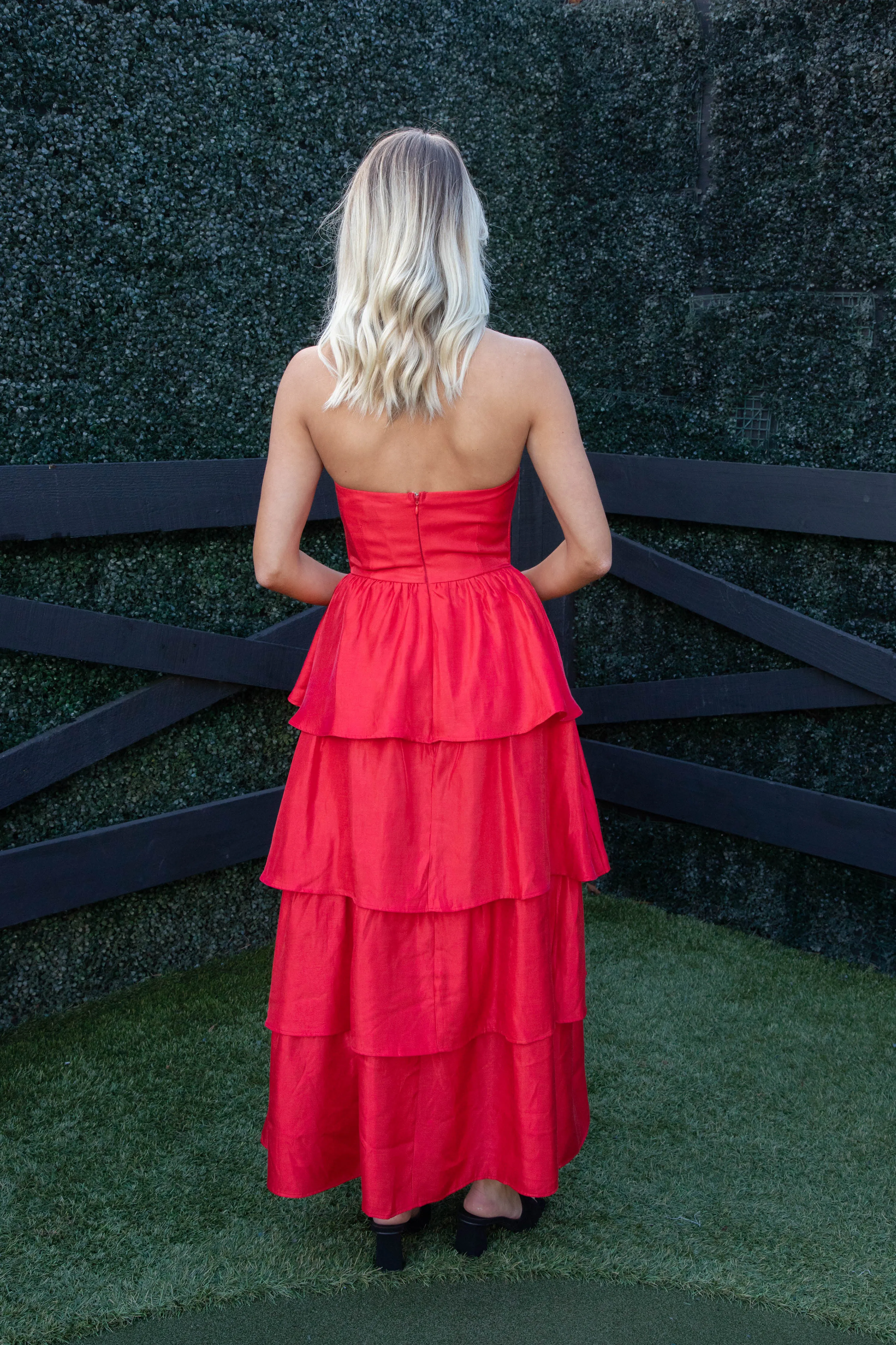 Baylie Strapless Tiered Maxi Dress, Red