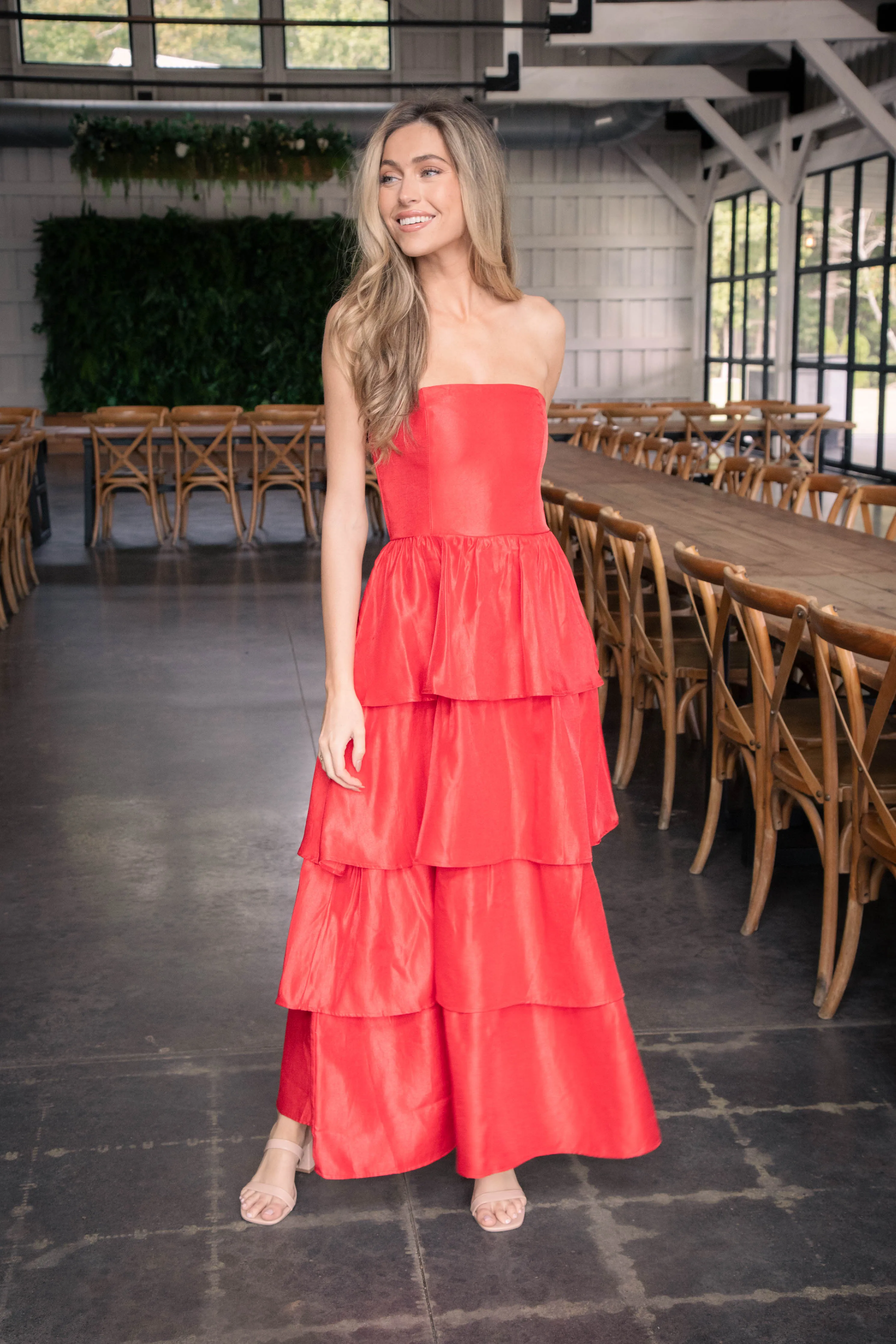 Baylie Strapless Tiered Maxi Dress, Red