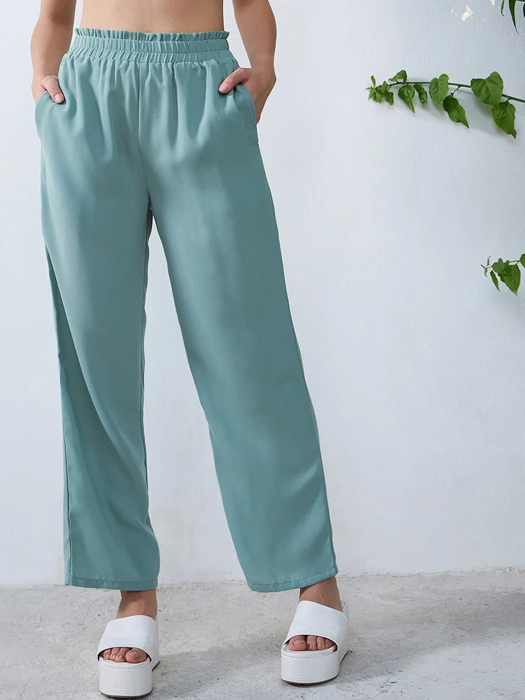 Berrylush Women Solid Green High-Rise Waist Loose-Fit Slip-On Straight Leg Regular Trousers