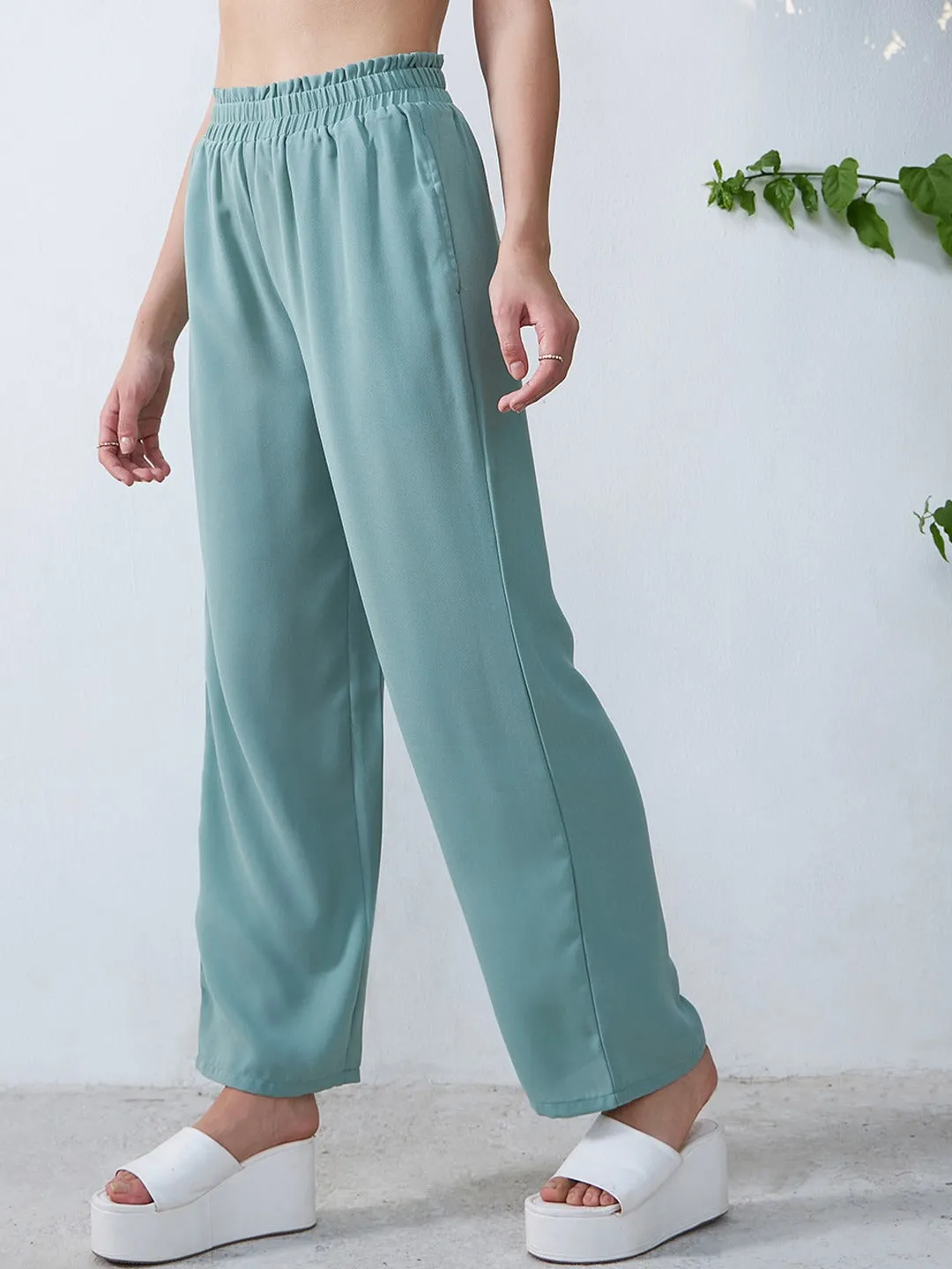 Berrylush Women Solid Green High-Rise Waist Loose-Fit Slip-On Straight Leg Regular Trousers