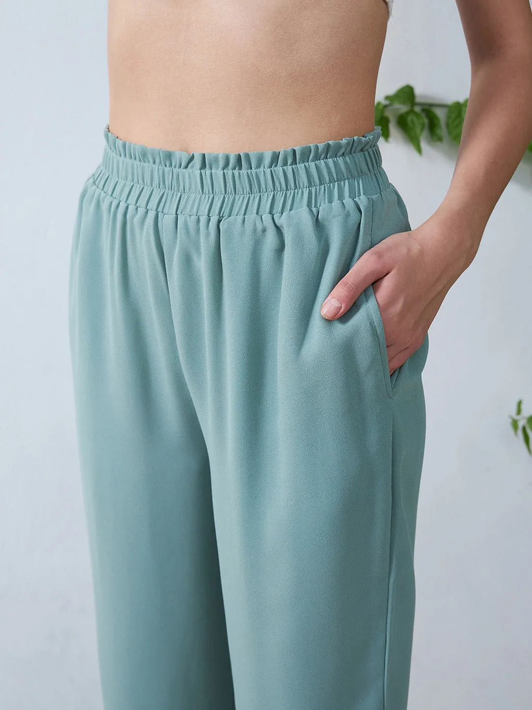 Berrylush Women Solid Green High-Rise Waist Loose-Fit Slip-On Straight Leg Regular Trousers