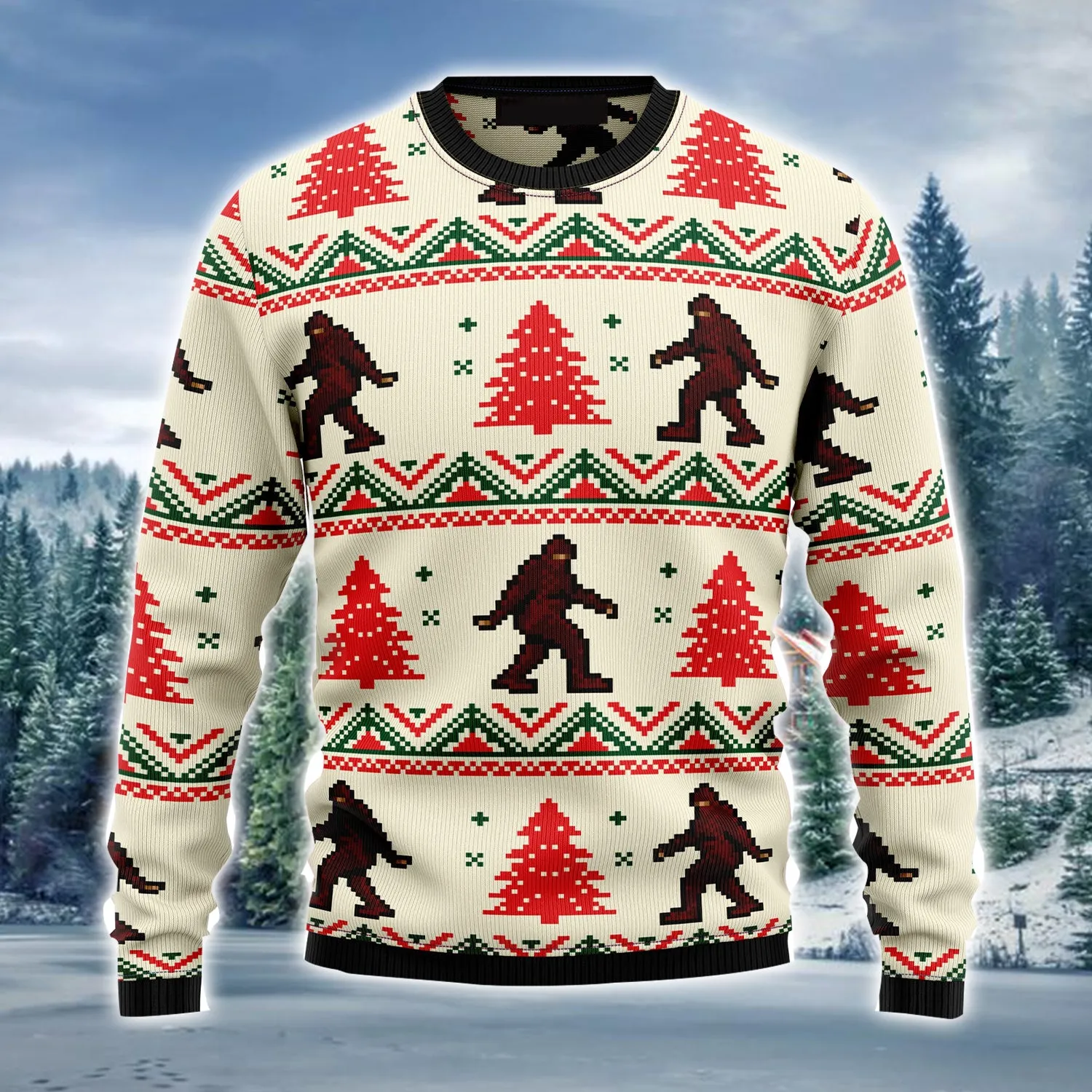 Bigfoot Ugly Christmas Sweater, Pine Tree Ugly Sweater For Men & Women