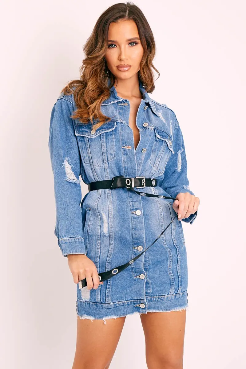 Blue Fitted Mini Denim Shirt Dress - Emiah