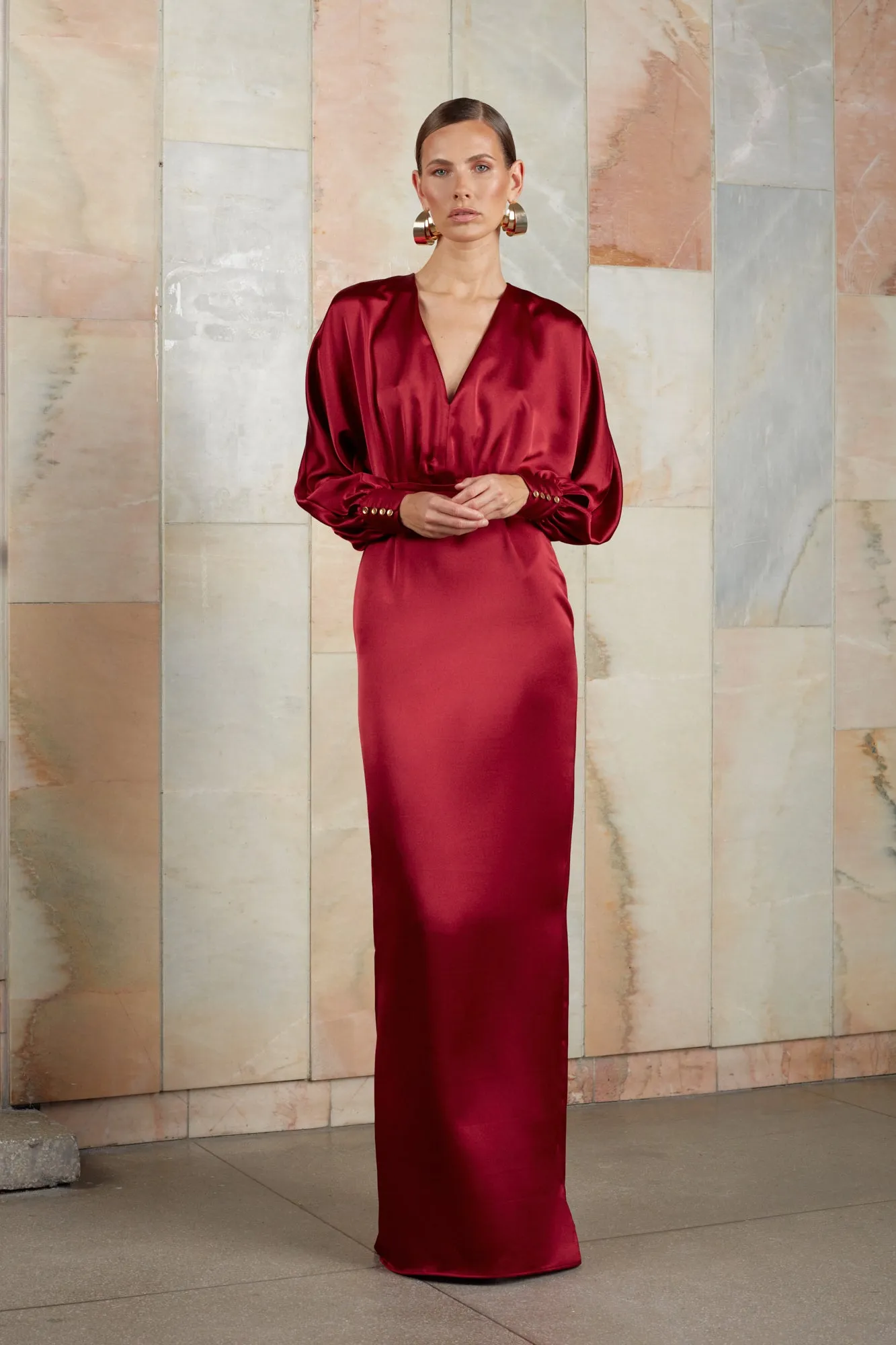 BONA deep red evening gown