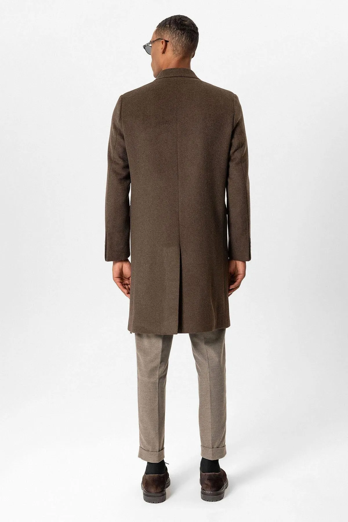 Brown Wool-Blend Double-Breasted Men's Coat - Wessi