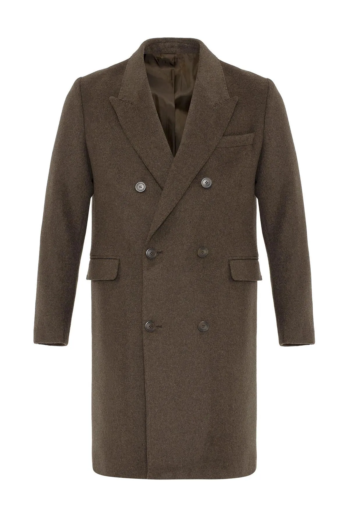 Brown Wool-Blend Double-Breasted Men's Coat - Wessi