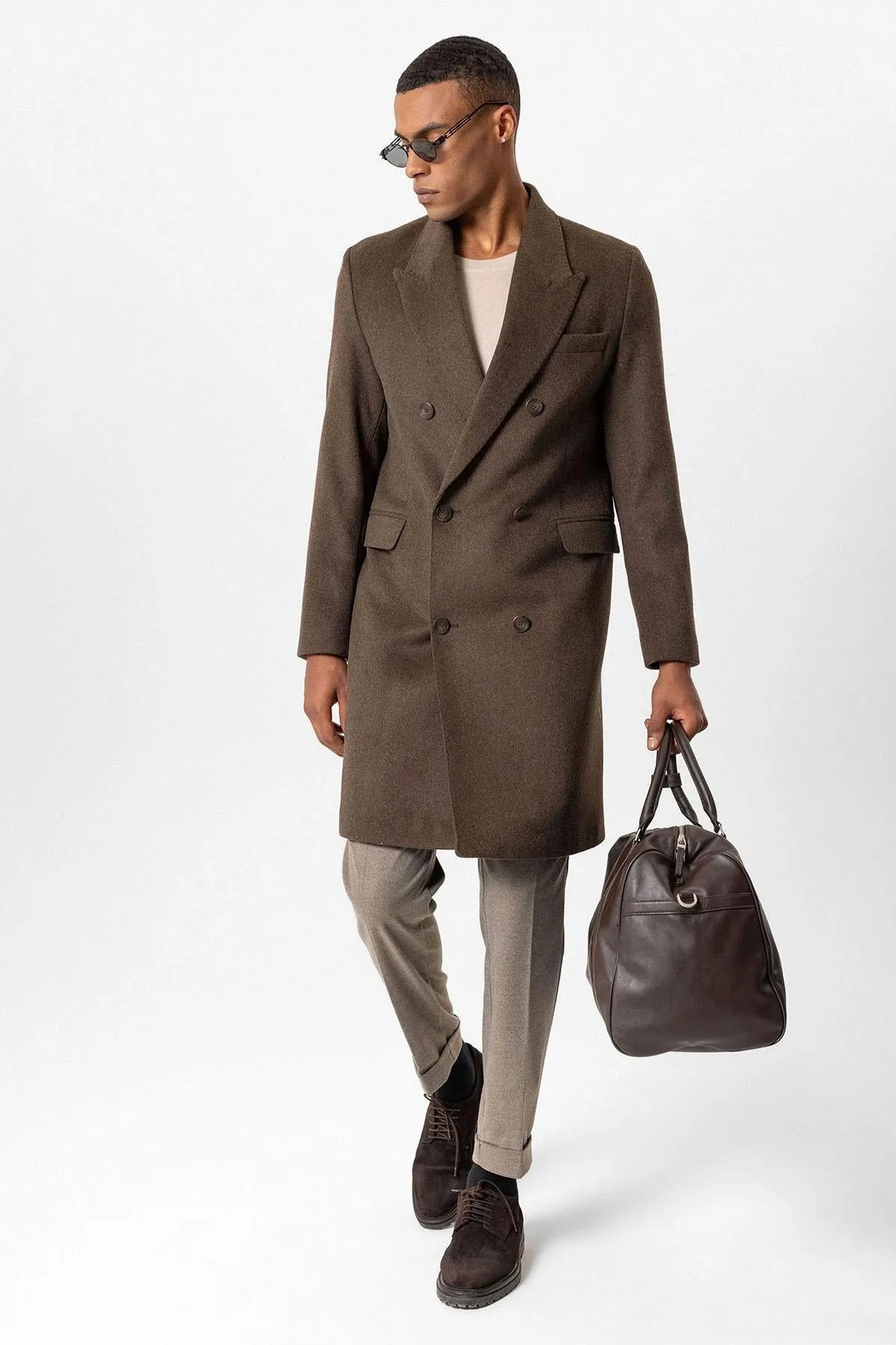 Brown Wool-Blend Double-Breasted Men's Coat - Wessi