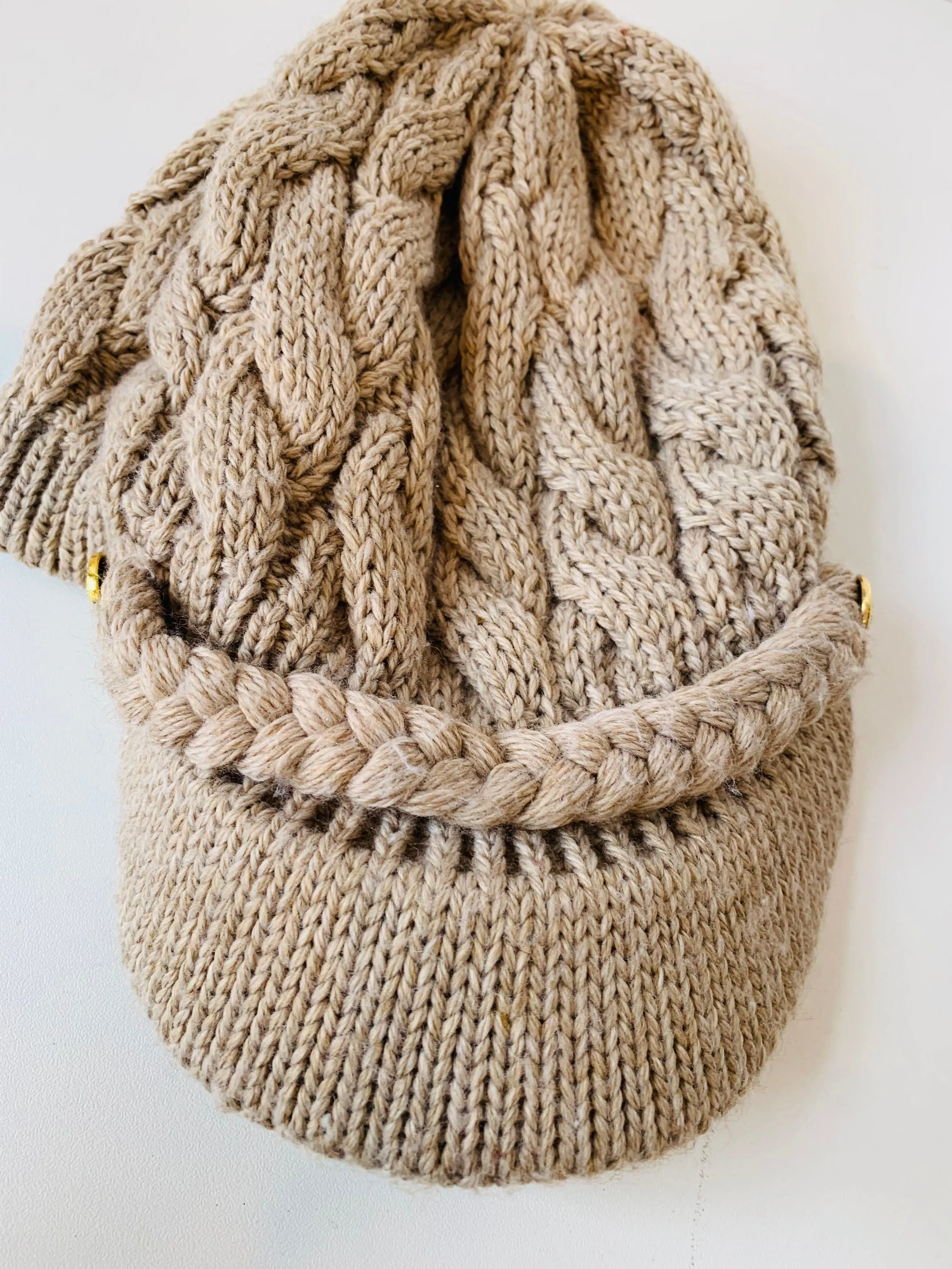 Calvin Klein Classic Knit Cable Paperboy Hat in Tan