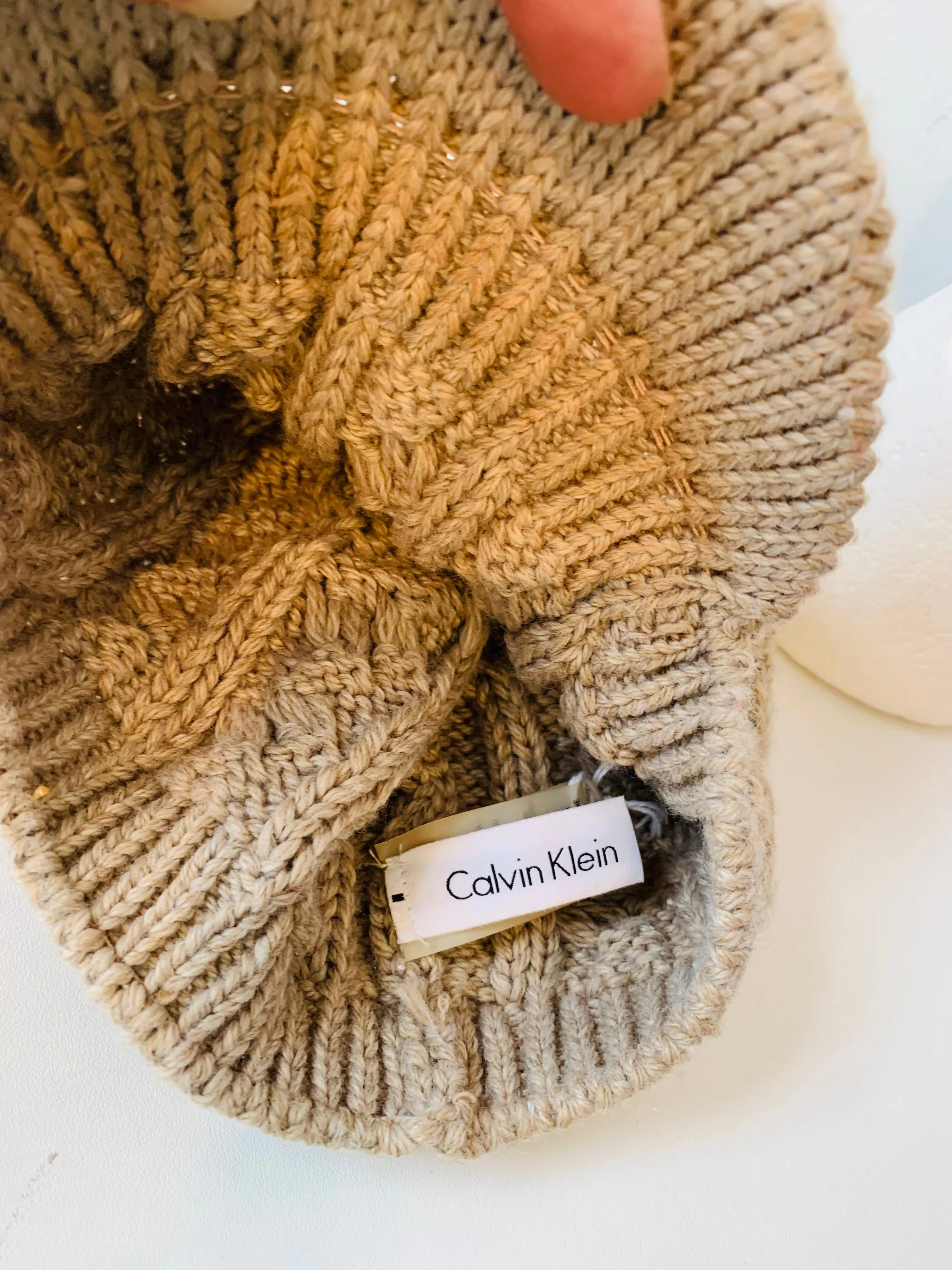 Calvin Klein Classic Knit Cable Paperboy Hat in Tan