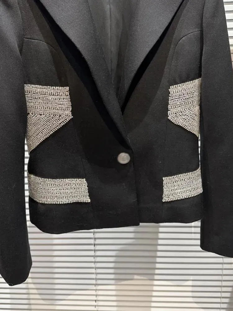 Casual Spliced Diamonds Chic Blazers For Women Notched Collar Long Sleeve Slimming Tunic Elegant Blazer Female