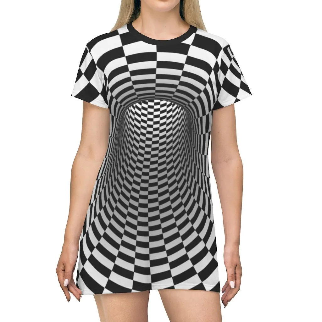 Checker Vortex T-shirt Dress,Optical Illusion Dress,Gifts For Her/Christmas/Thanksgiving/Birthday,Athletic Short Sleeve A-line tank dress