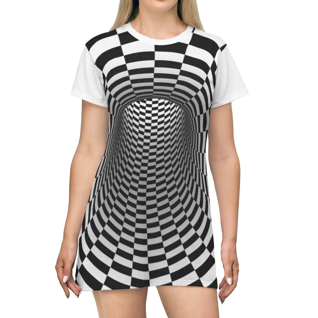 Checker Vortex T-shirt Dress,Optical Illusion Dress,Gifts For Her/Christmas/Thanksgiving/Birthday,Athletic Short Sleeve A-line tank dress