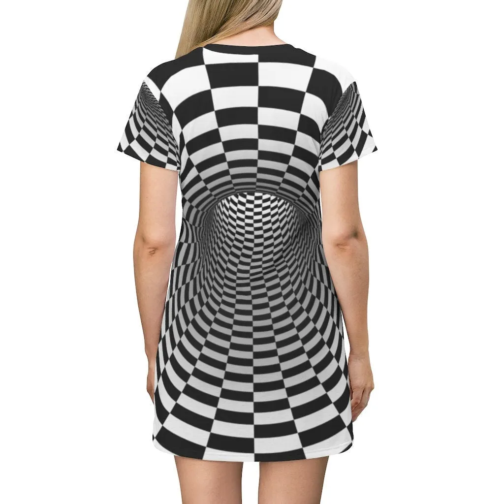 Checker Vortex T-shirt Dress,Optical Illusion Dress,Gifts For Her/Christmas/Thanksgiving/Birthday,Athletic Short Sleeve A-line tank dress