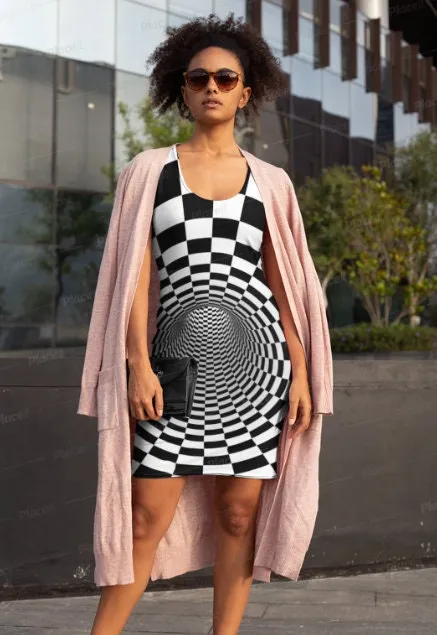 Checker Vortex T-shirt Dress,Optical Illusion Dress,Gifts For Her/Christmas/Thanksgiving/Birthday,Athletic Short Sleeve A-line tank dress