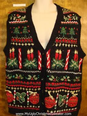 Cheesy Christmas Jumper Sweater Vest with Candles and Ornaments