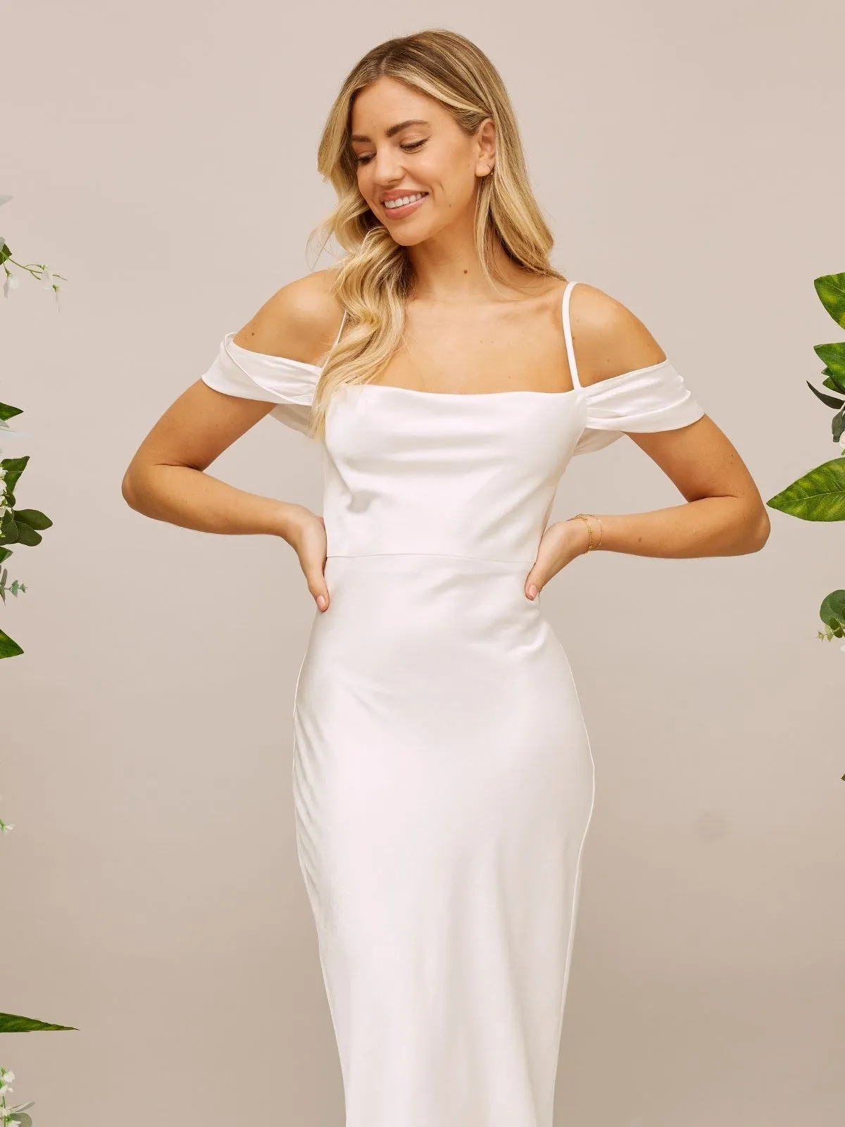 Cold Shoulder Satin Bridal Maxi Dress / White