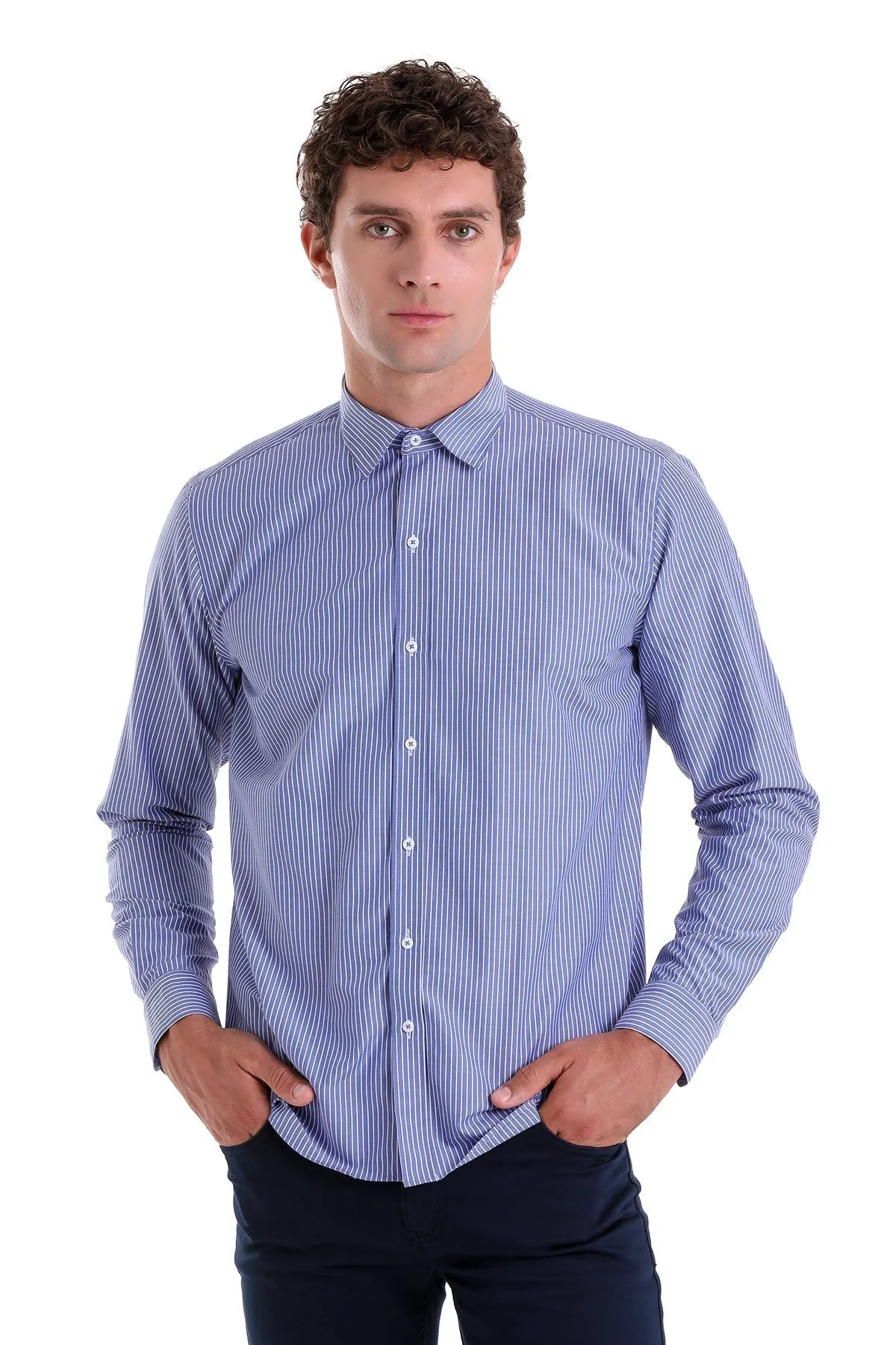 Comfort Fit Striped Cotton Blend Navy Dress Shirt