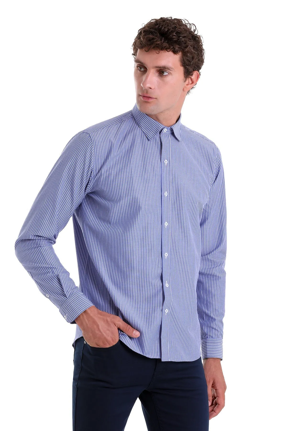 Comfort Fit Striped Cotton Blend Navy Dress Shirt