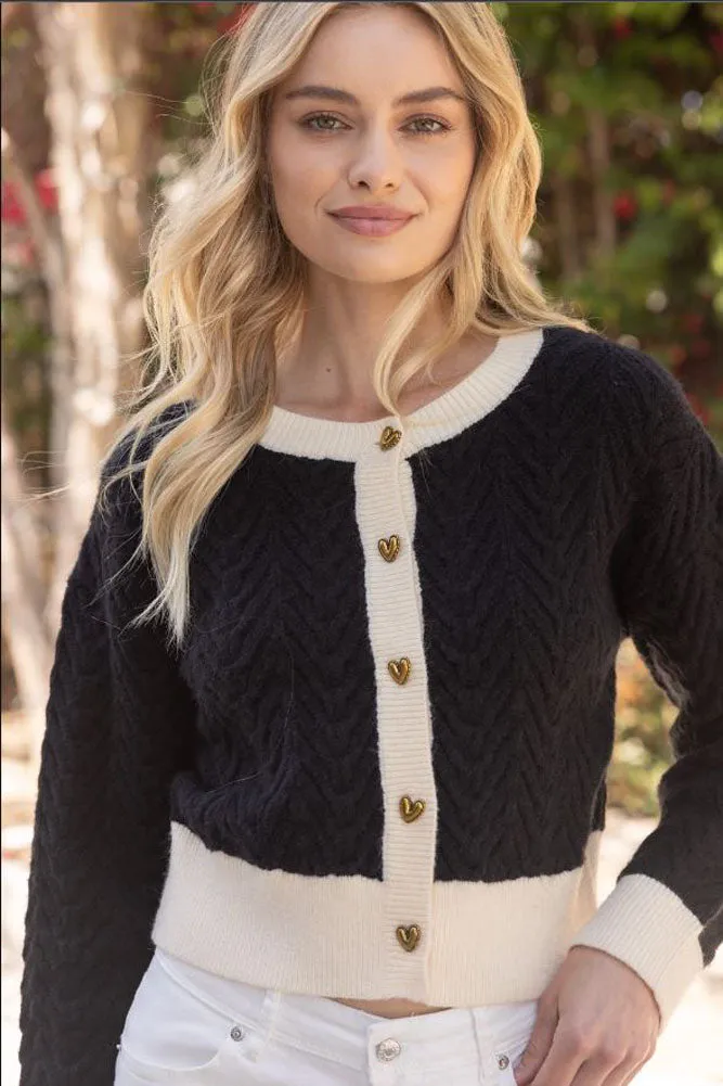 Contrast Detail Accent Button Sweater Cardigan in Black by VOY