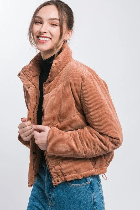 Corduroy Puffer Jacket With Toggle Detail