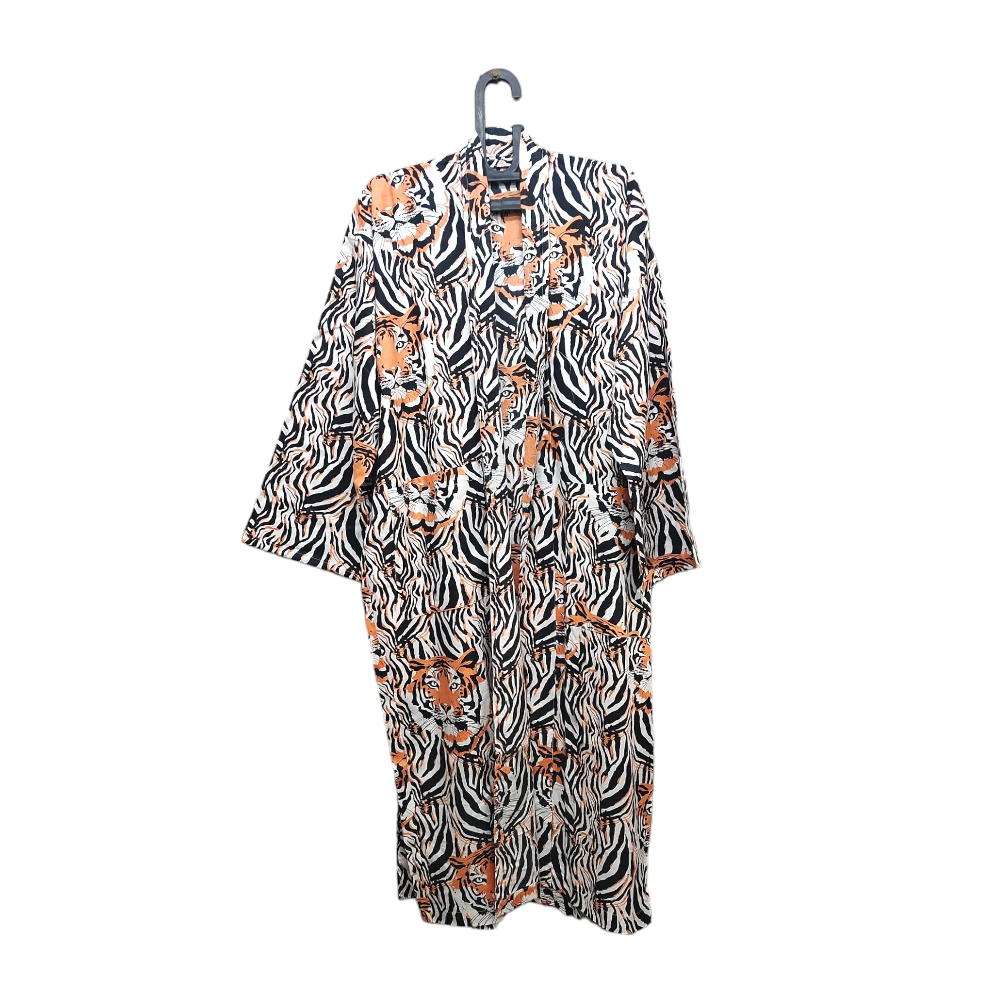 COTTON HAND PRINTED KIMONO ROBE TIGER PRINT