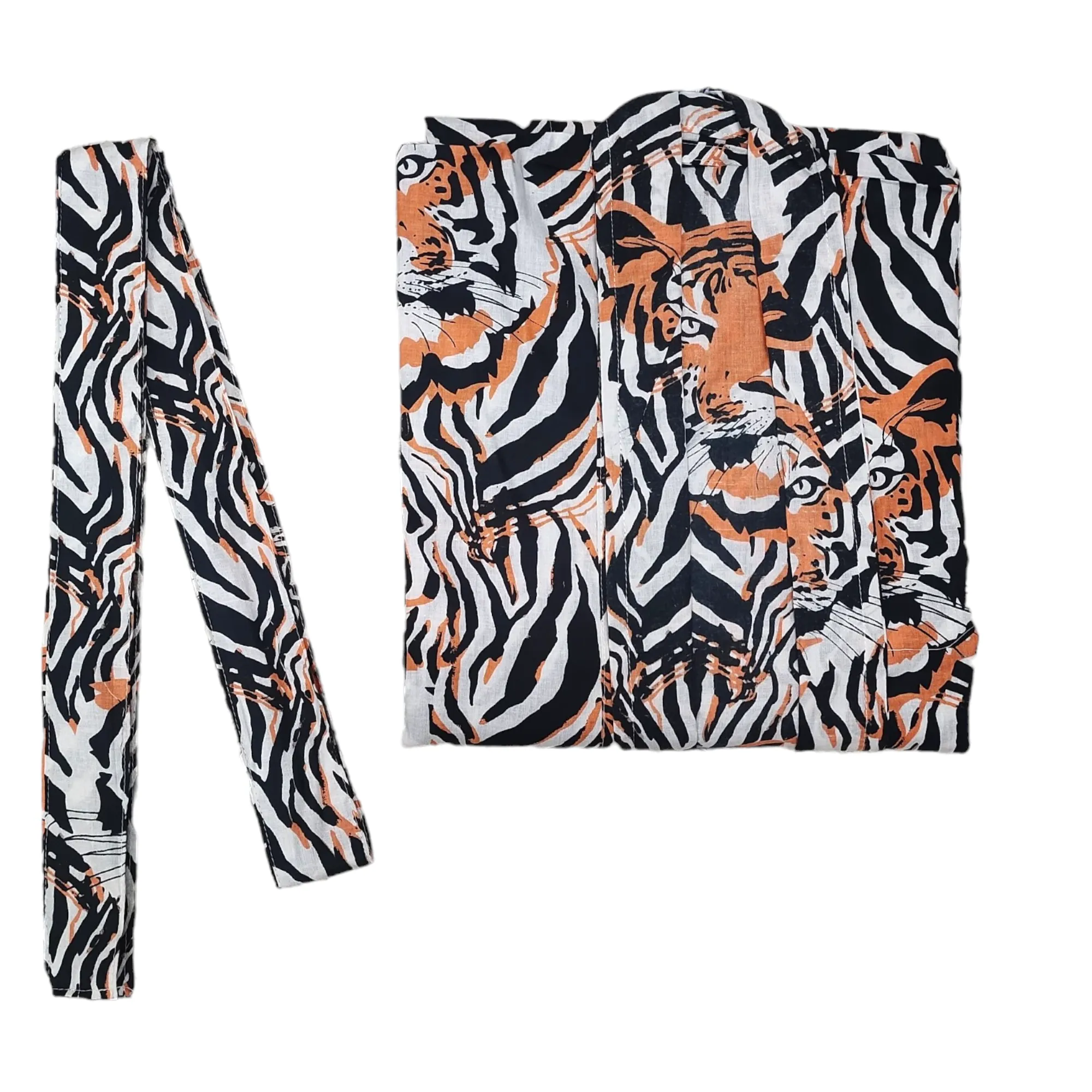 COTTON HAND PRINTED KIMONO ROBE TIGER PRINT