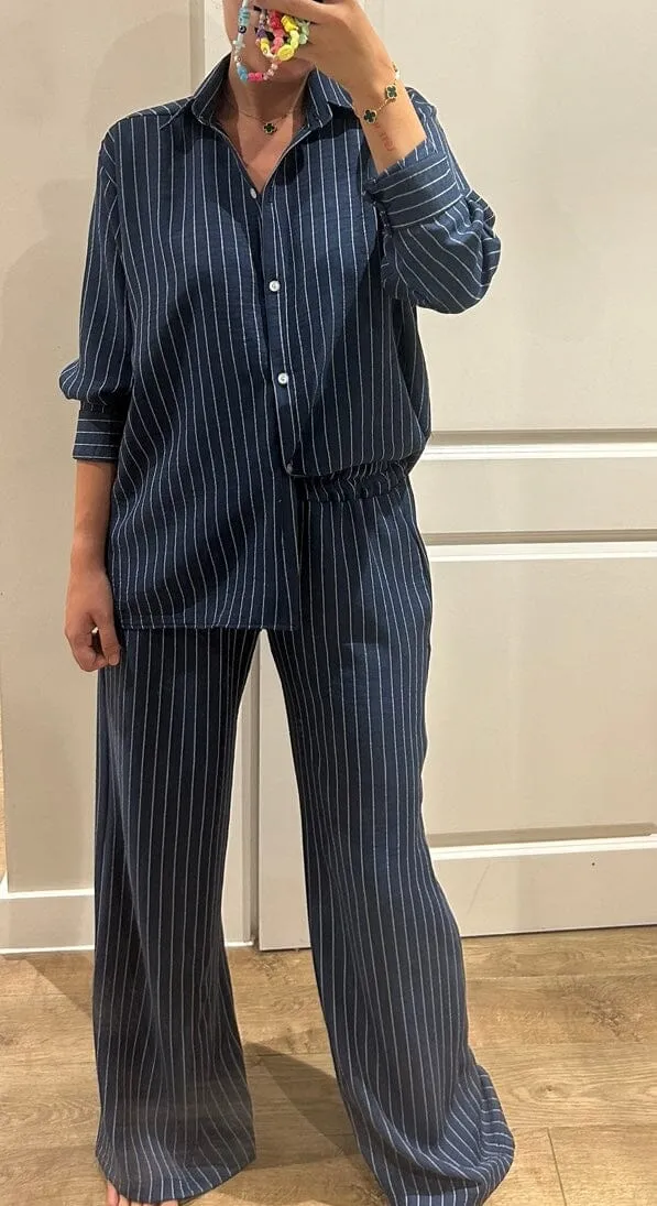 Dark Denim Blue Pinstripe Oversized Shirt and Trouser Suit