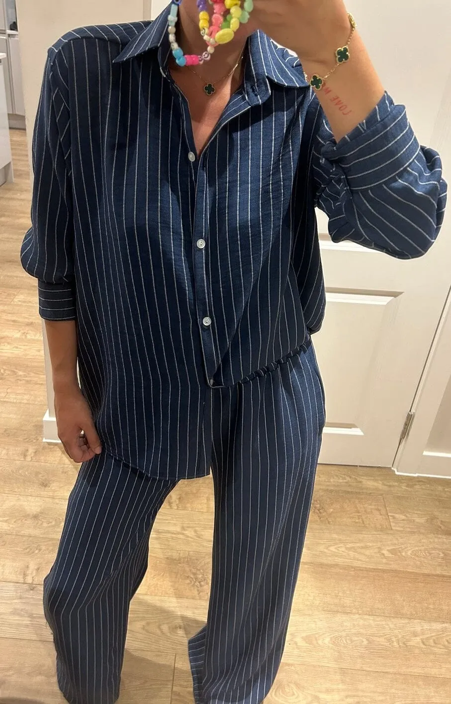 Dark Denim Blue Pinstripe Oversized Shirt and Trouser Suit