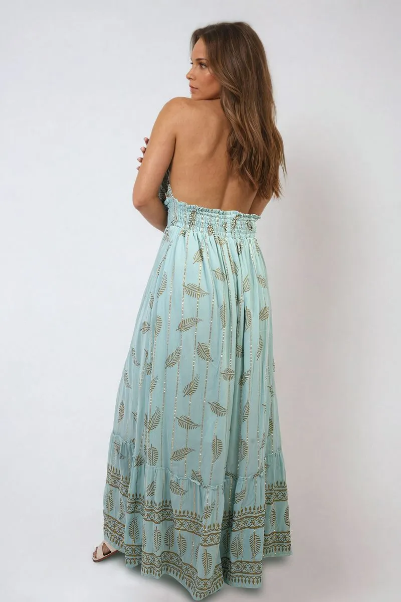 Dazzling Leaf Print Spaghetti Strap Maxi Dress