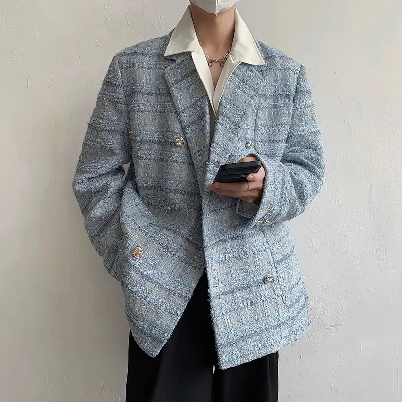 Double Breasted Men's Coat Loose Thickened Tweed Suit Spring Autumn Casual Korean Fashion Male Blazer 9A6778