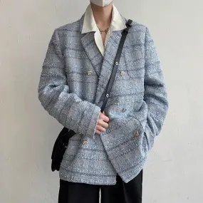 Double Breasted Men's Coat Loose Thickened Tweed Suit Spring Autumn Casual Korean Fashion Male Blazer 9A6778