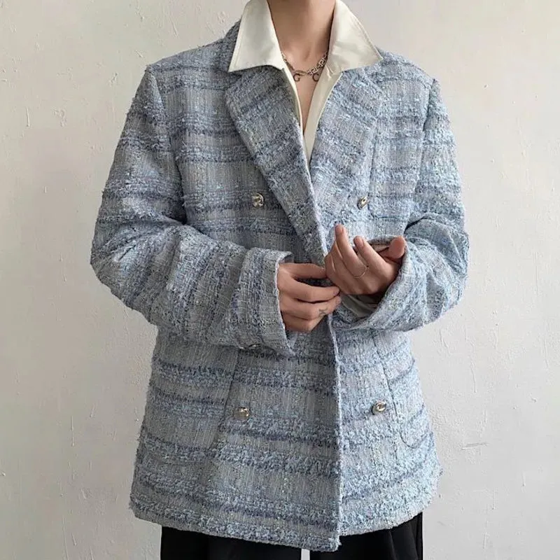 Double Breasted Men's Coat Loose Thickened Tweed Suit Spring Autumn Casual Korean Fashion Male Blazer 9A6778