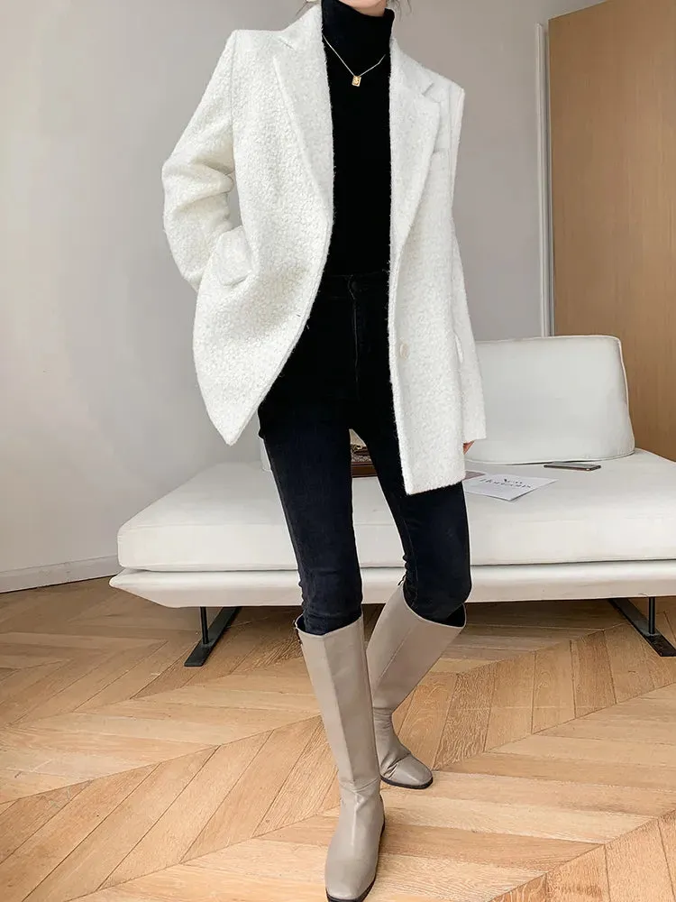 Fashion White Blazers For Women Notched Long Sleeve Patchwork Pocket Single Breasted Loose Blazer For Women