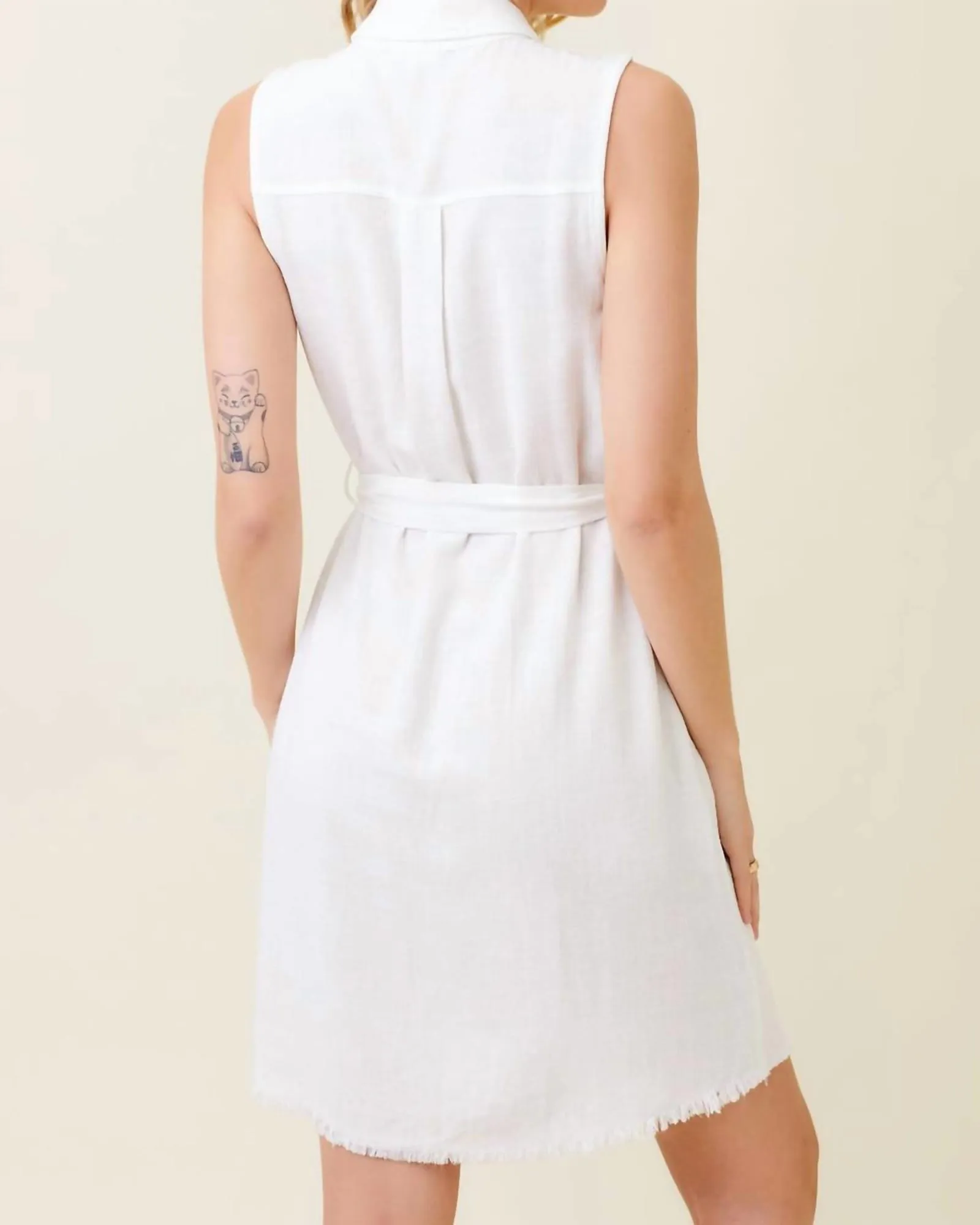 Frayed Bottom Detail Sleeveless Shirt Dress in White | White