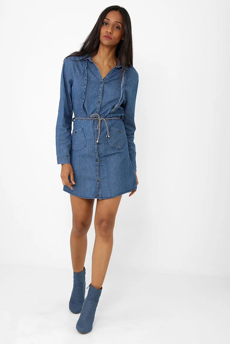 Frill Detail Denim Blue Shirt Dress