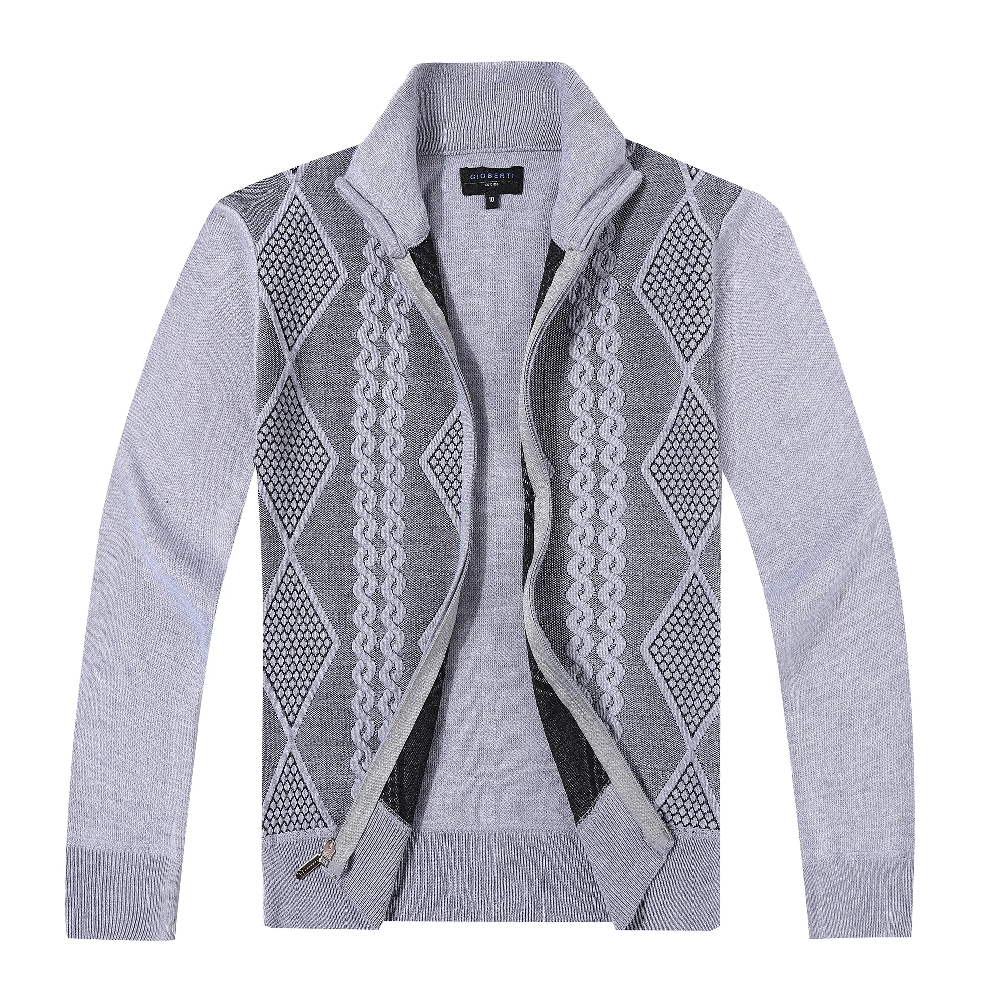 Full Zip Lightweight Geometric Design Cardigan Sweater - Gray