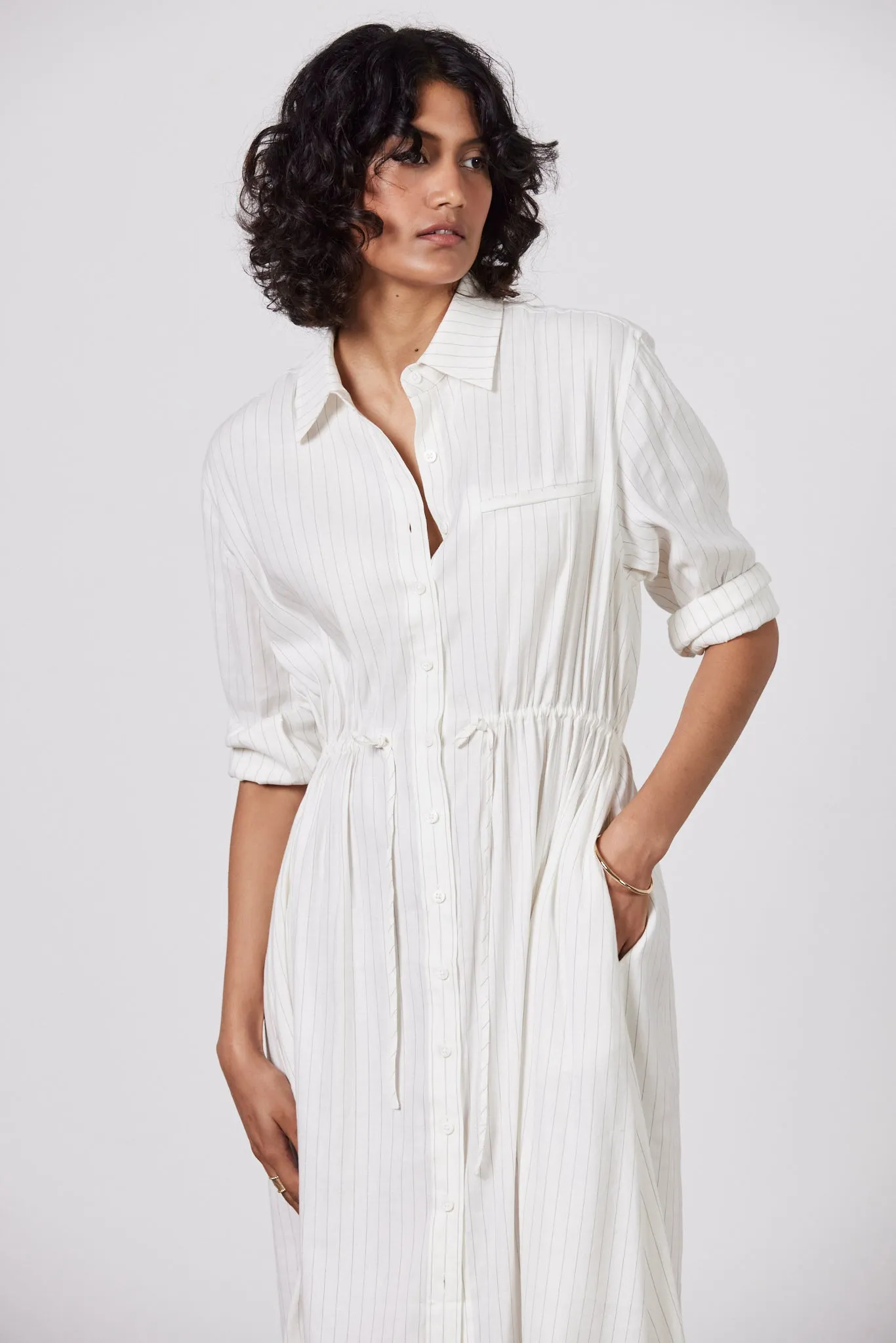 Gabriel Linen Shirt Dress - Ecru/Black Stripe