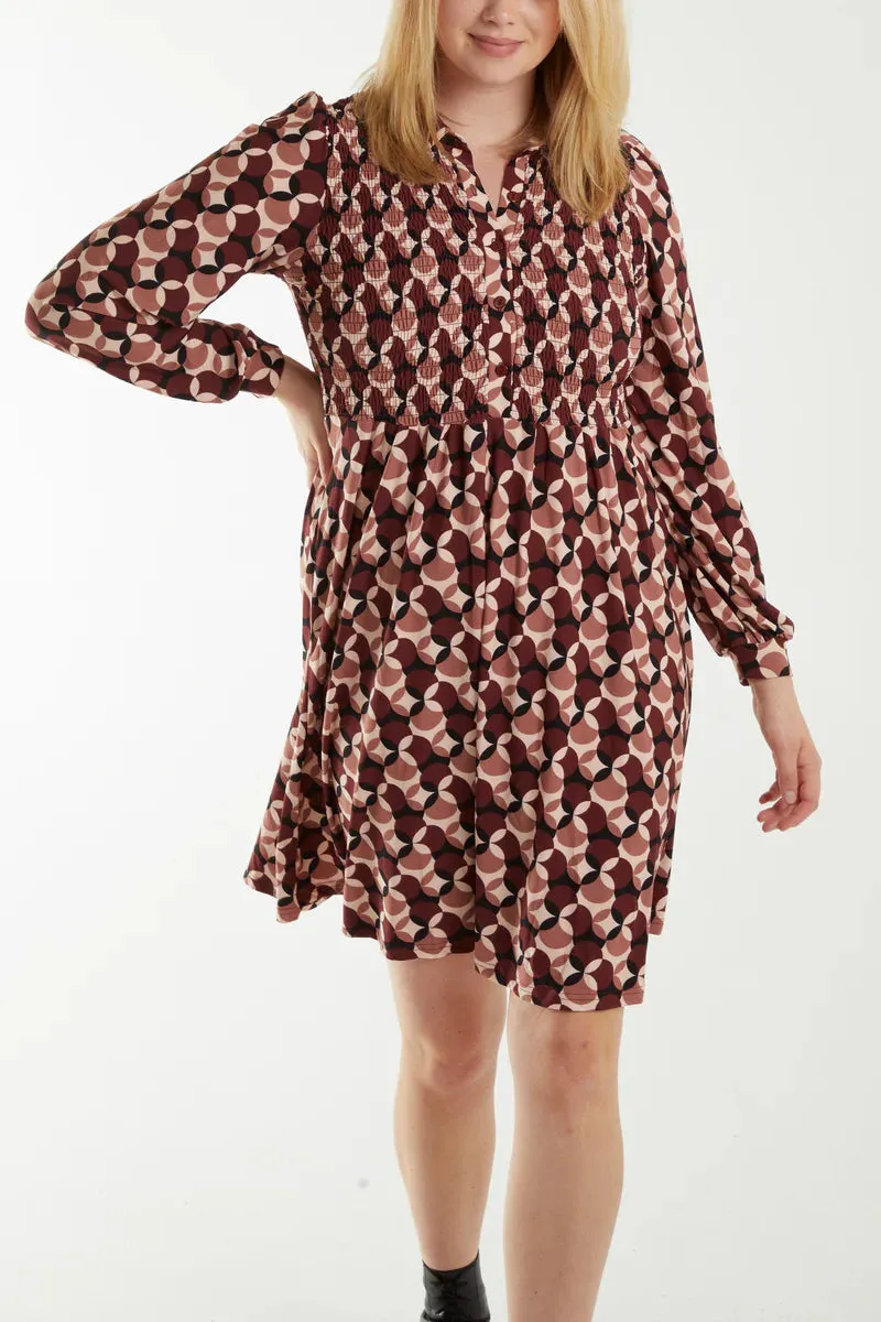 Geometric Print Shirred Bust Shirt Dress NL234808030